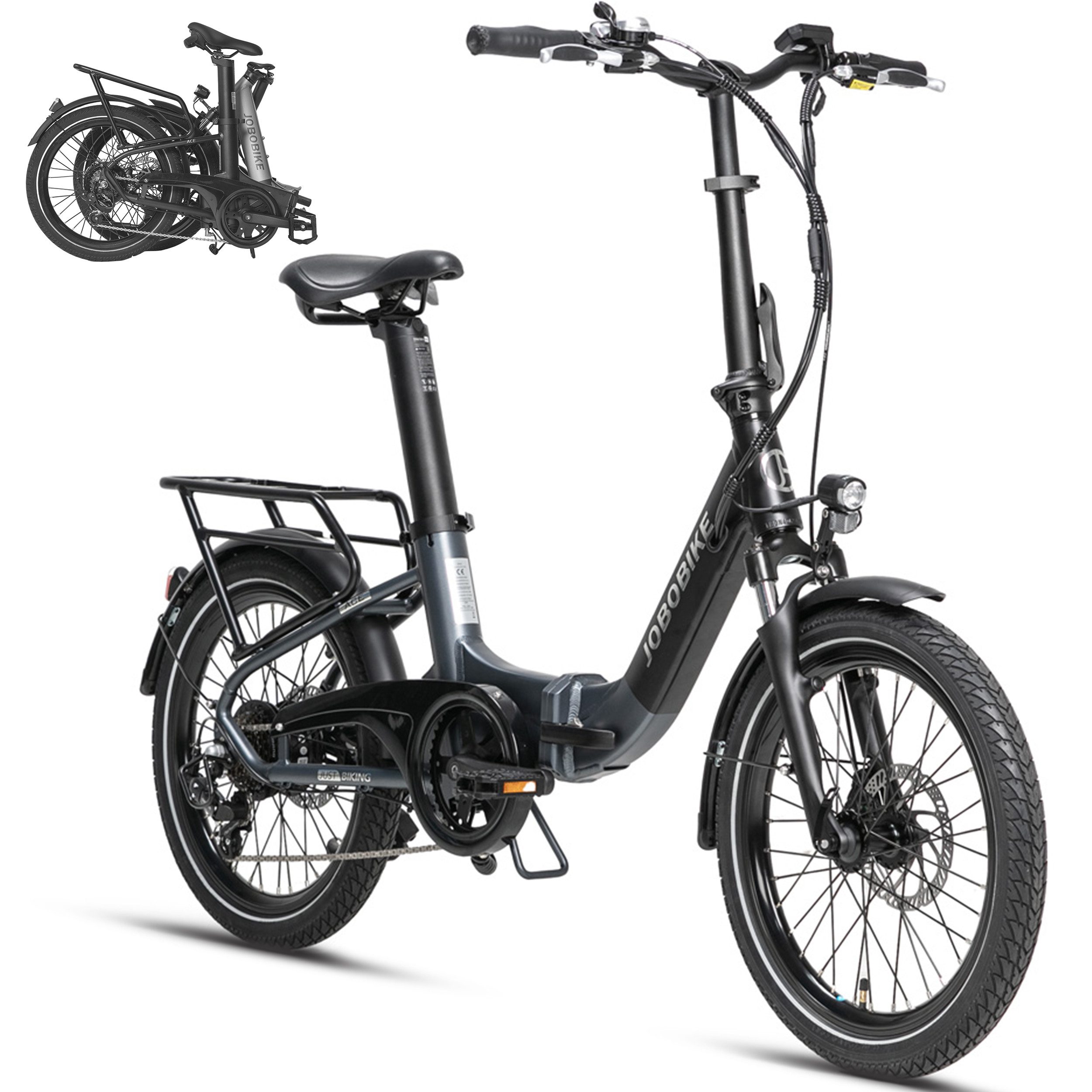 JOBOBIKE E-Bike Klapprad 20 Zoll Faltrad, Ace/ACE Pro Cityrad, 360Wh Sitzrohrakku, bis 100km, 7 Gang Shimano, Kettenschaltung, Heckmotor, 360 Wh, (nur 22 kg, mit Bluetooth), Faltbares Elektrofahrrad für Damen und Herren, Scheibenbremsen