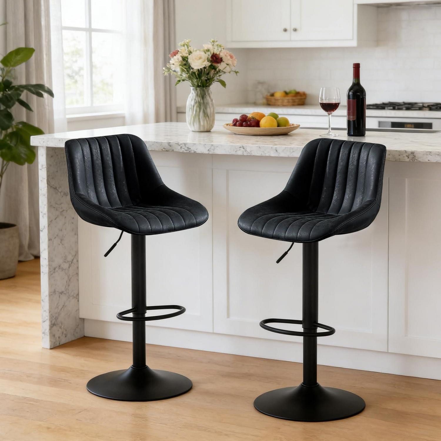 Barhocker Barhocker Höhenverstellbar Drehbar Lehne Kunstleder 2er Set Schwarz