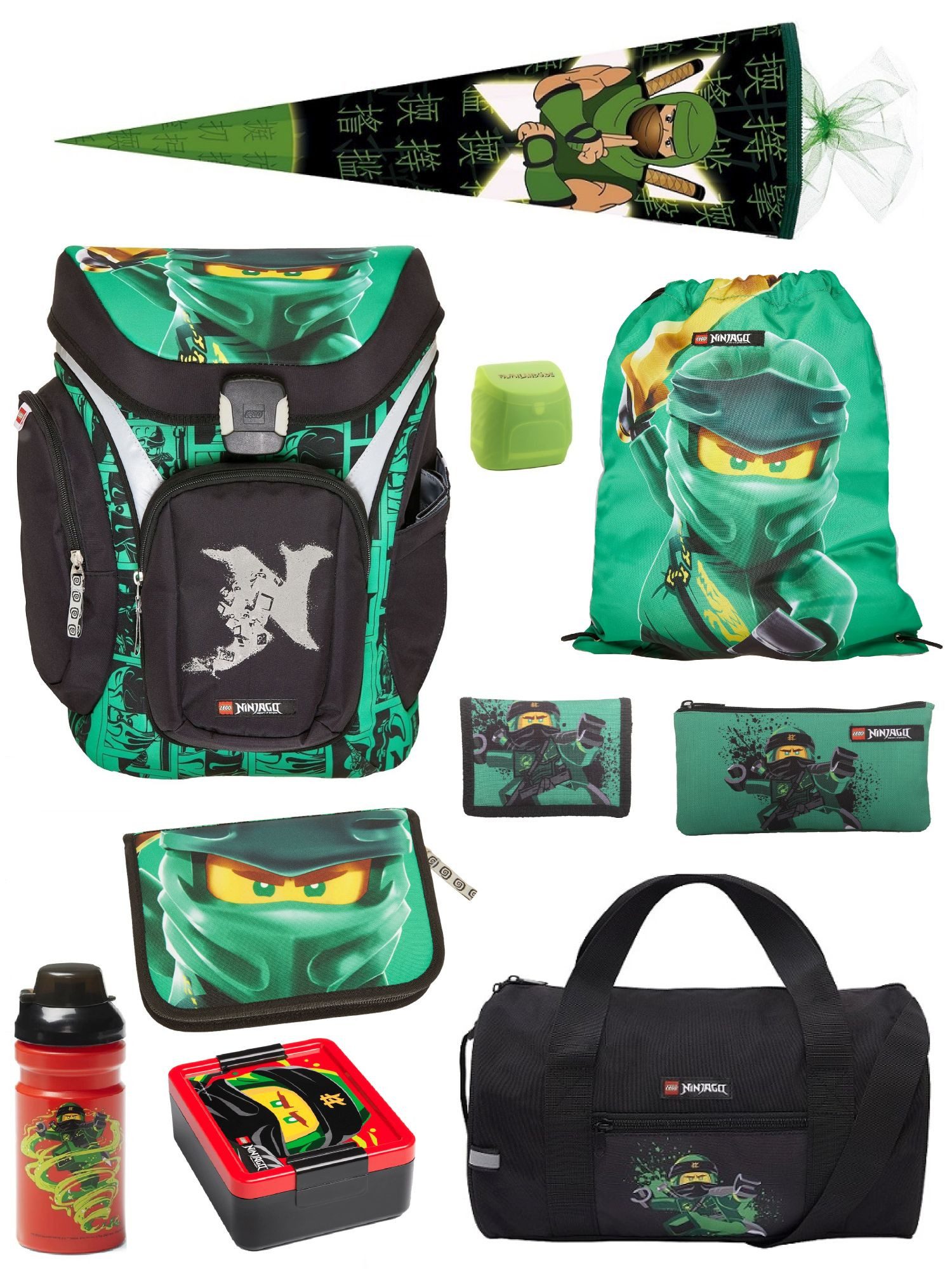 LEGO® Bags Schulranzen Explorer Lego Ninjago Schultasche ab der 1. Klasse (Set, 10-tlg., mit Dose, Flasche, Sporttasche und Schultüte 85cm), ergonomisch; mit Hüft- & Brustgurt; grüner Ninja Lloyd