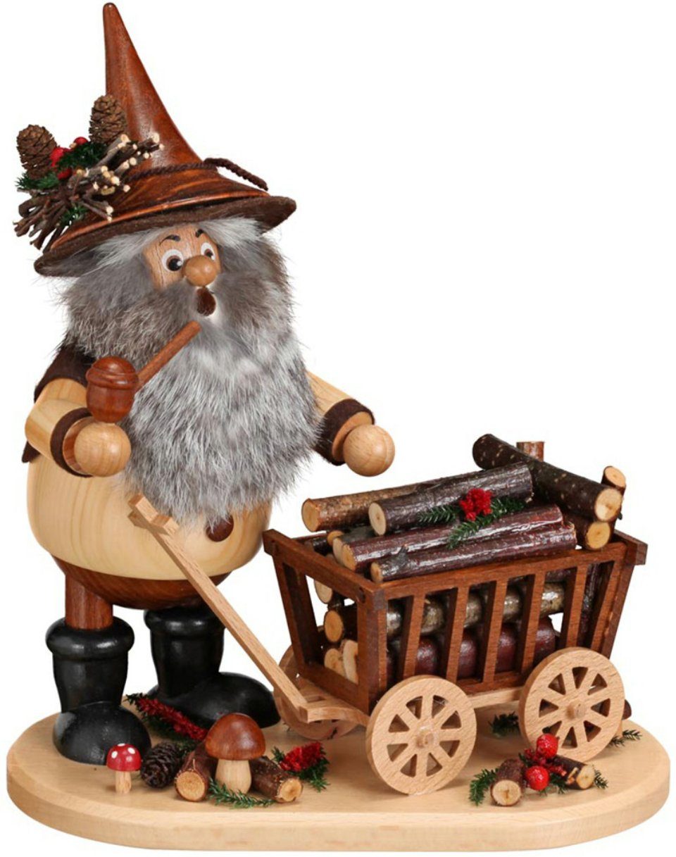 DWU - Drechselwerkstatt Uhlig Räuchermännchen DWU Wichtel mit Wagen, (1 St), Handarbeit aus dem Erzgebirge
