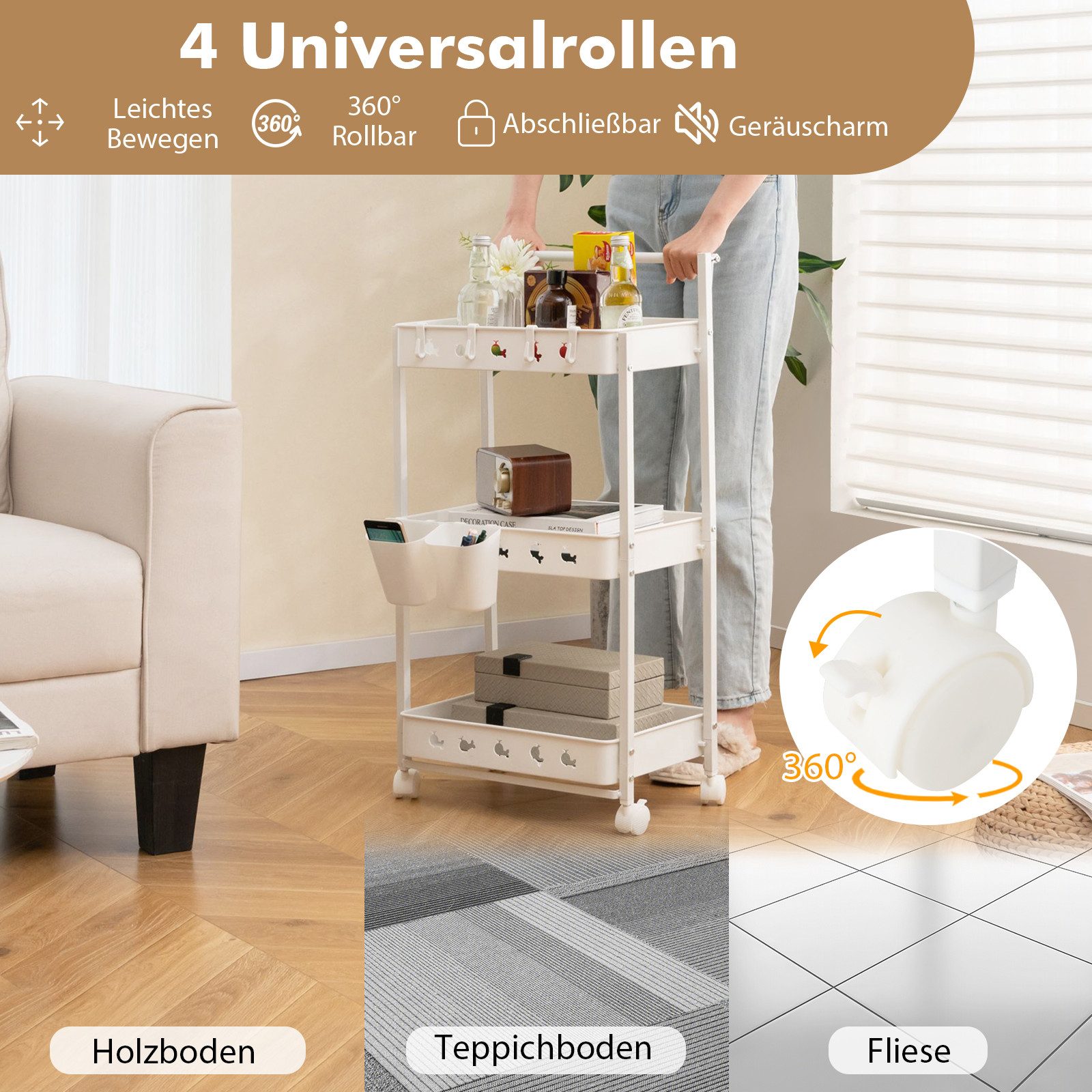 KOMFOTTEU Druckertisch, 3-Ebenen Rollwagen mit Universalrädern