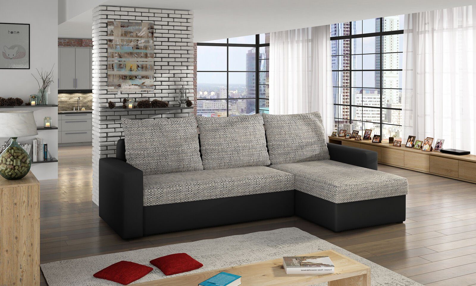 Couch Polster Design Leder / Ecksofa JVmoebel Hellgrau Schlafsofa Schwarz Ecksofa, Bettfunktion