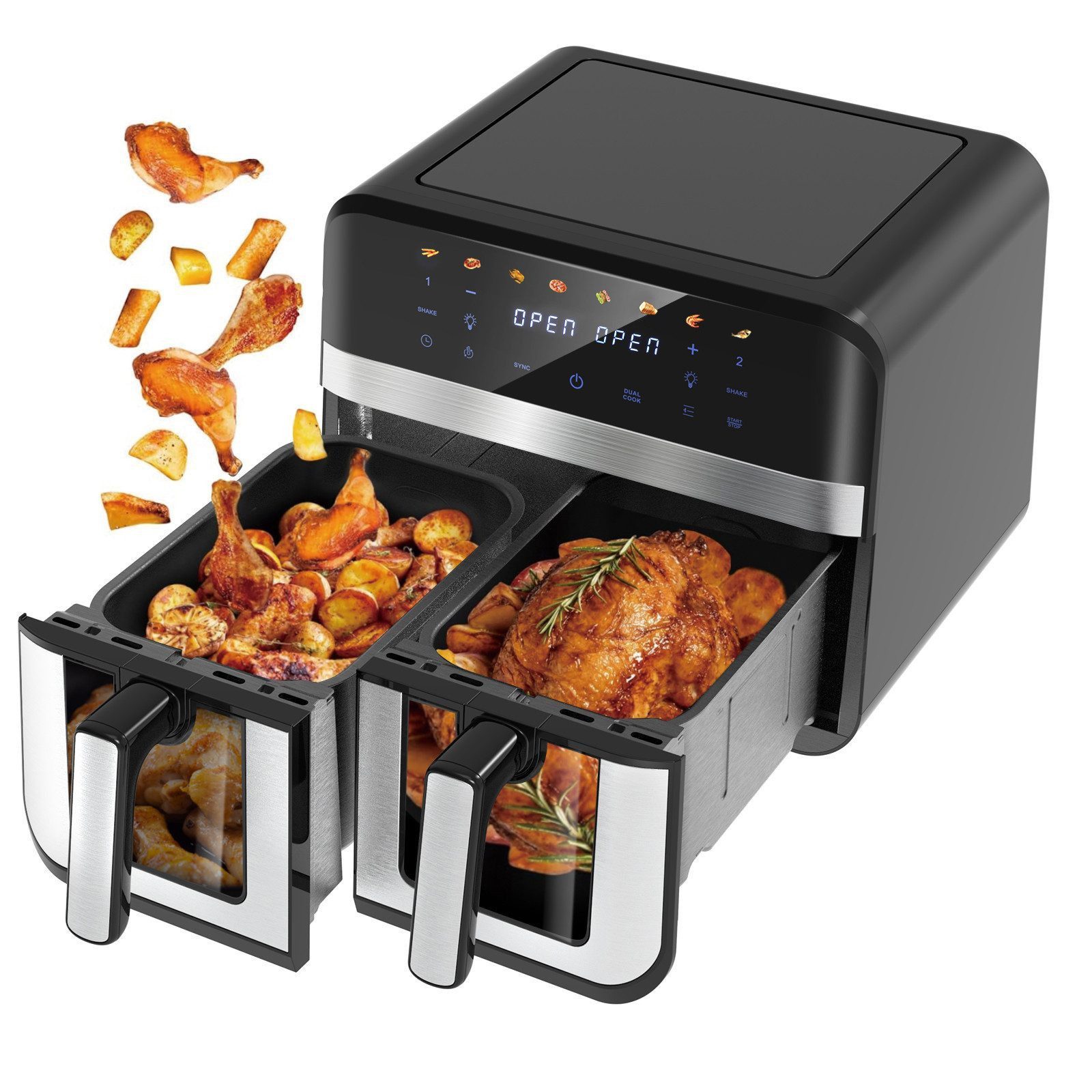 Heißluftfritteuse Heissluftfriteuse mit Doppelkammer Sichtfenster 9L 10L Air Fryer 2 Körben