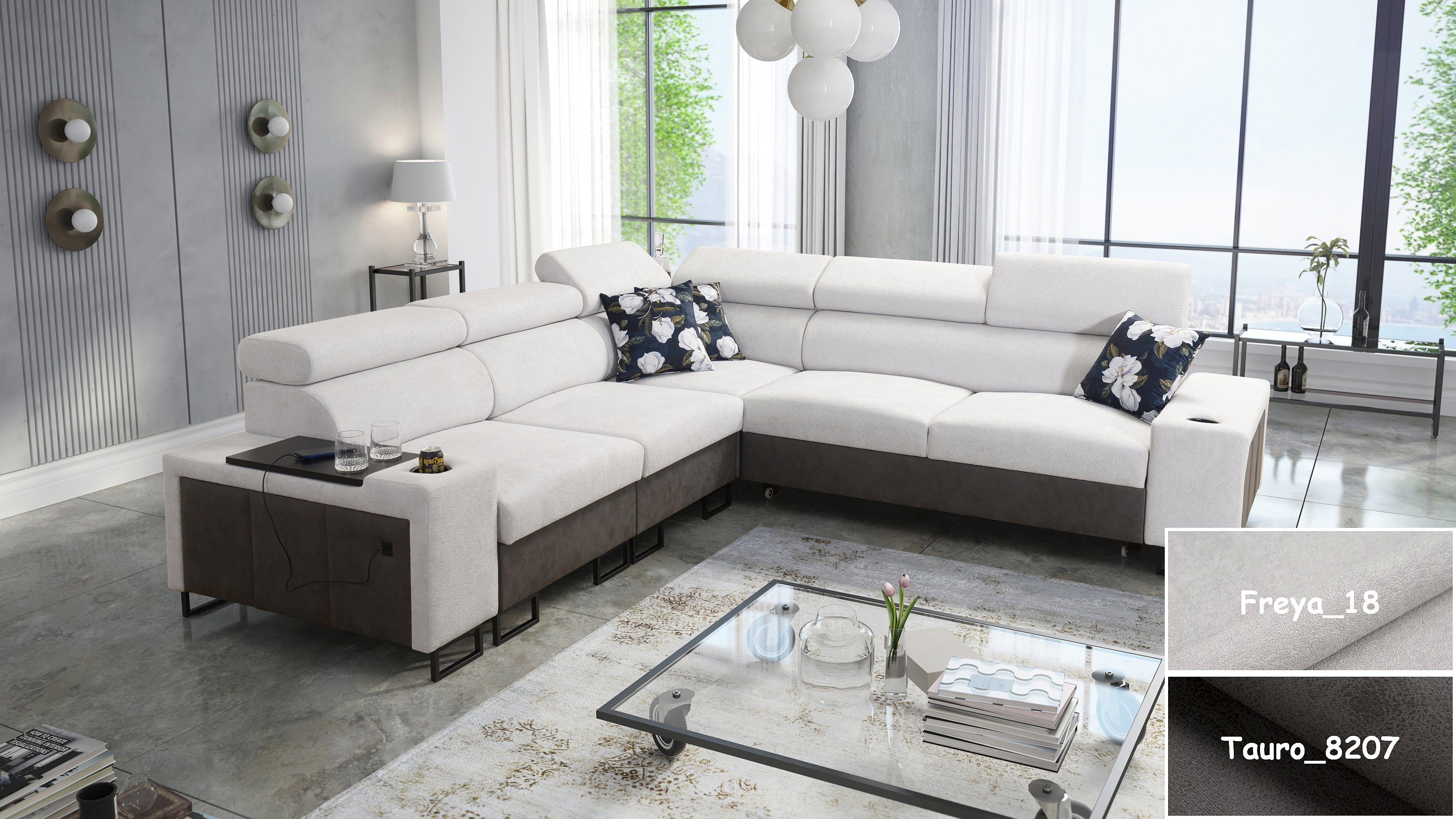 Möbel für Dich Ecksofa Melody III, mit USB, Ablagen, Barfach, Schlaffunktion und 2 Bettkästen