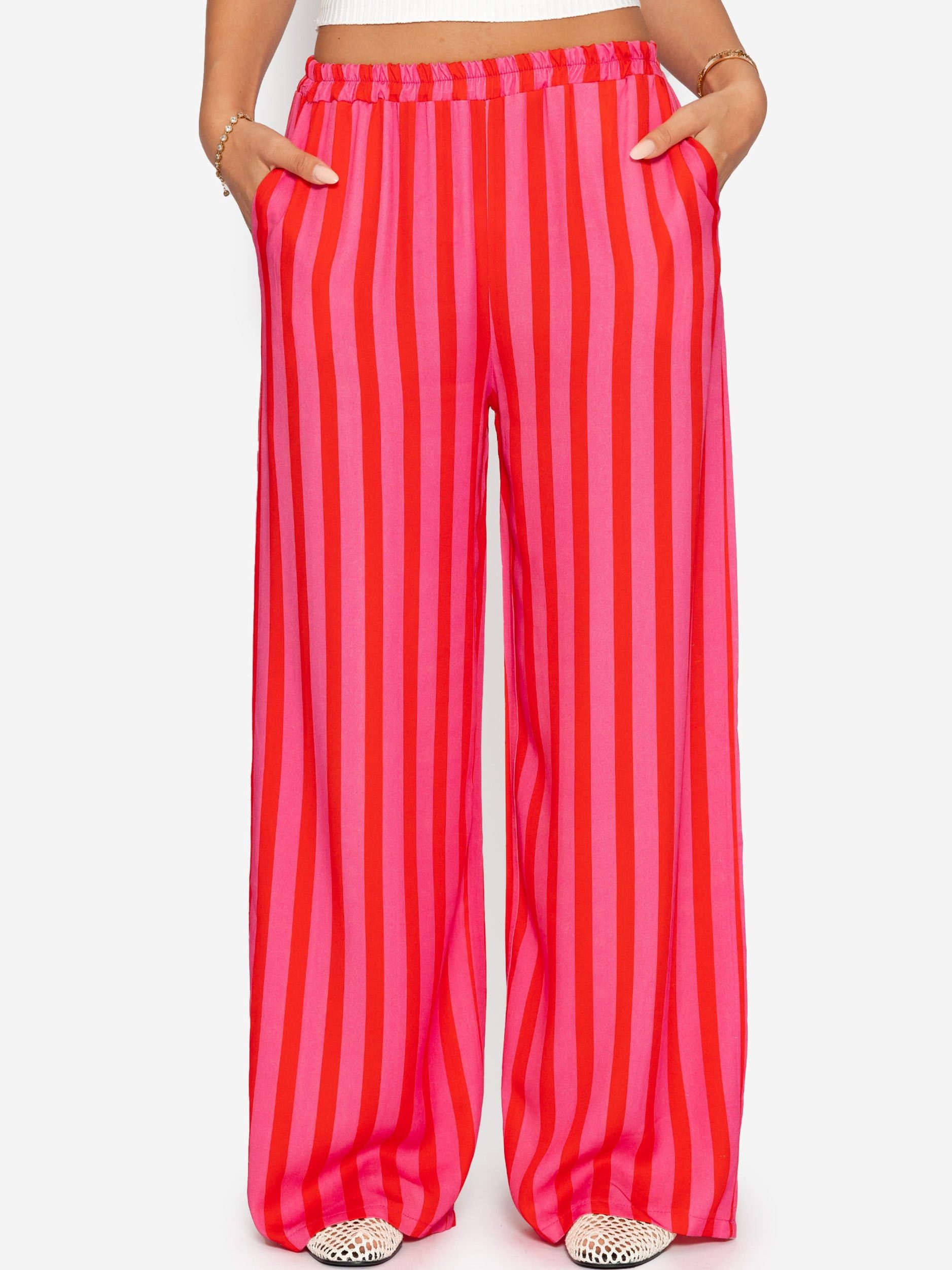 SASSYCLASSY Stoffhose Gestreifte Hose mit weitem Bein Damen Lässige Hose im Streifenlook mit elastischem Bund pink