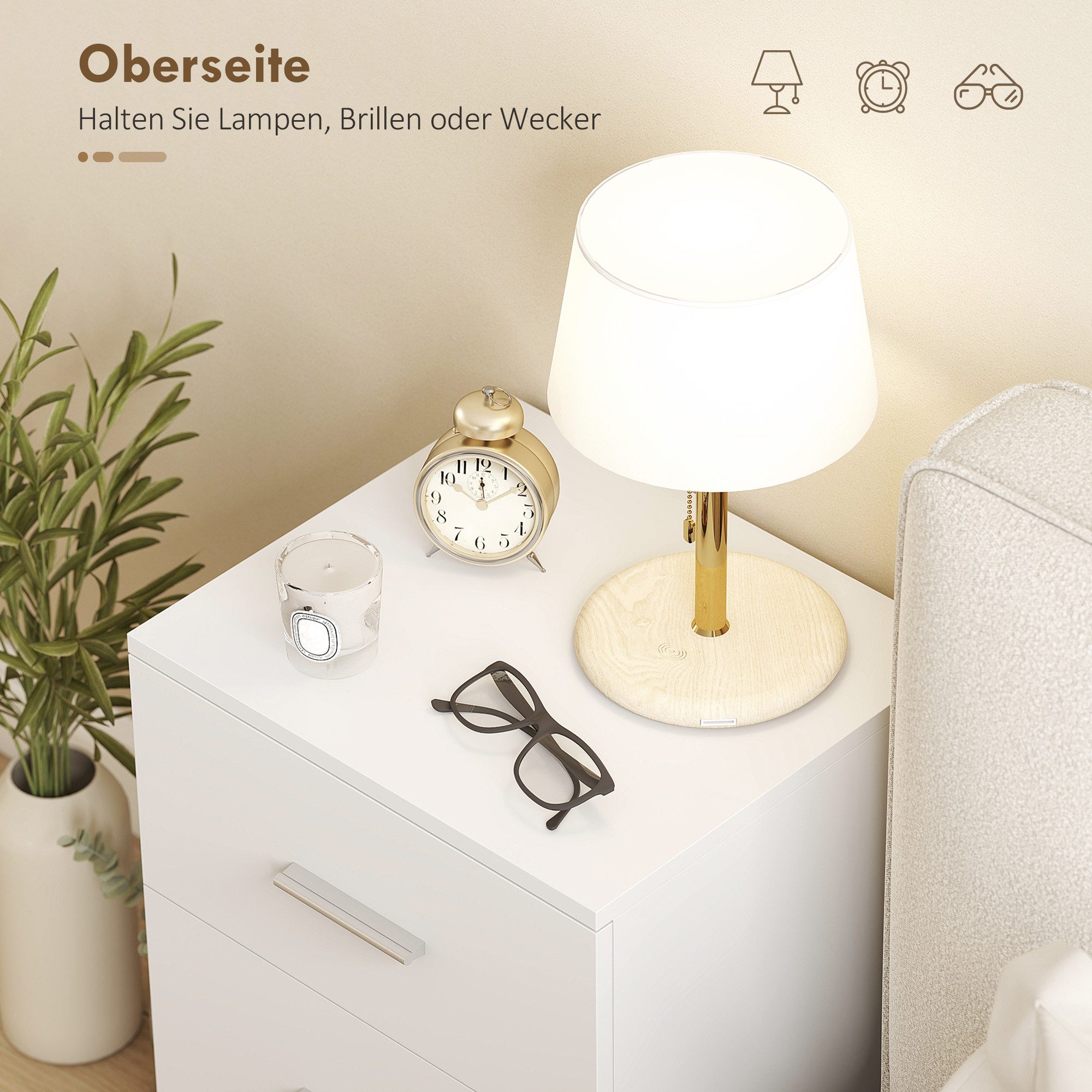 HOMCOM Nachttisch Beistelltisch mit 3 Schubladen, Sofatisch, Schubladenschrank (Nachtschrank, 1-St., Nachtkästchen), für Schlafzimmer, Wohnzimmer, 40 x 35 x 60  – Bild 5 von 5