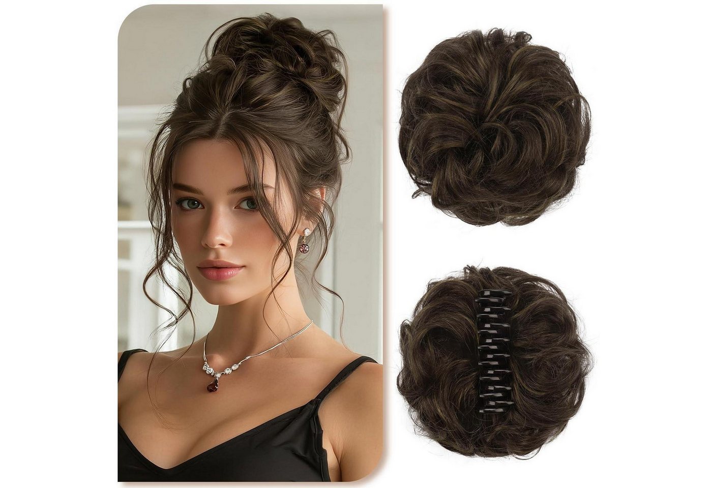 LuxusKollektion Echthaar-Extension Haarteil Messy Bun Dutt Echthaar Clip Dunkelbraun & Mittelblond