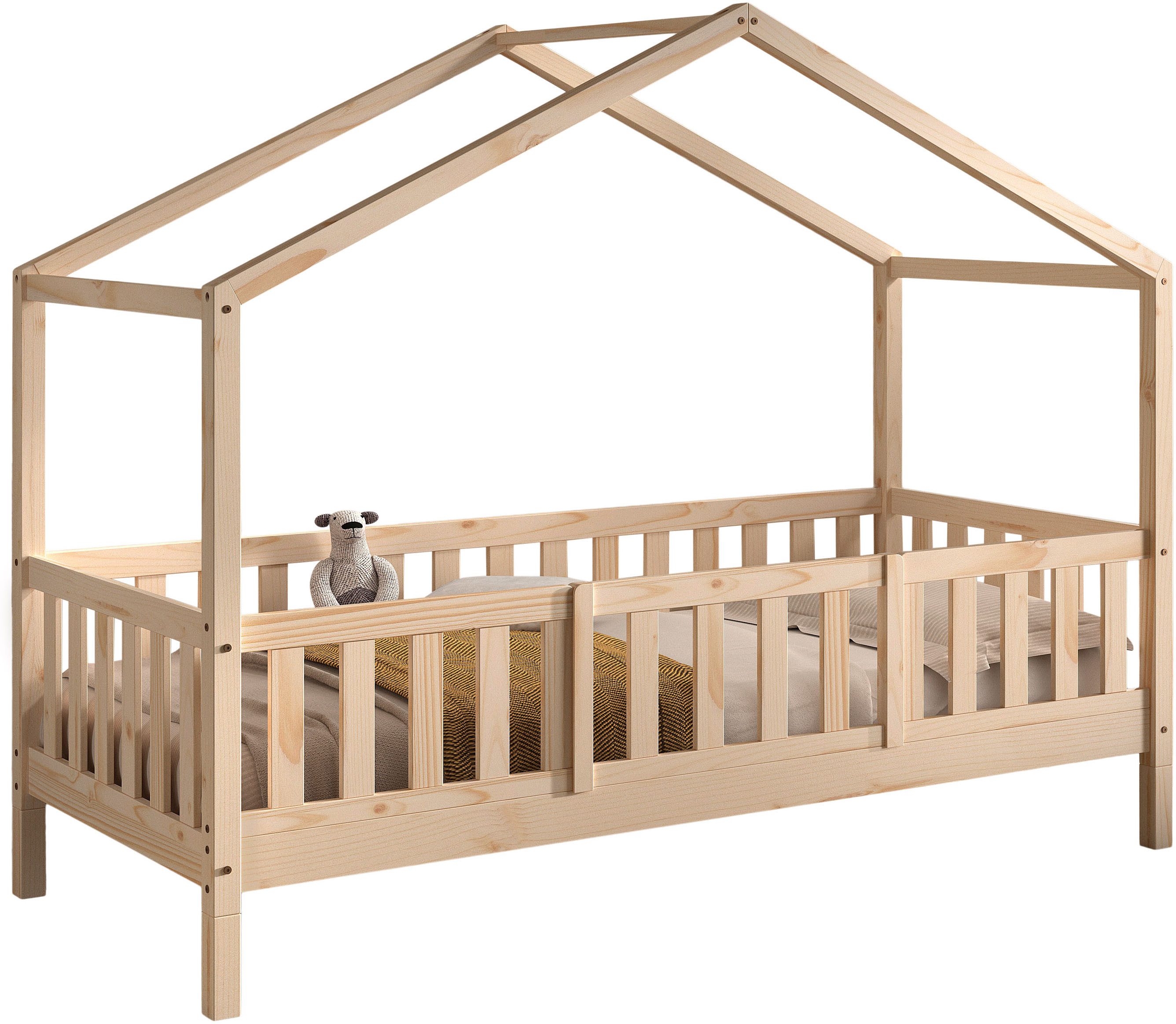 Vipack Hausbett Dallas, Massivholzbett mit Dachaufbau umbaubar vom Boden- zum Daybett (inkl. Rolllattenrost und Sprossenumrandung, 90x200 cm breit), mit Bettschublade, wahlweise Kiefer massiv natur oder weiß