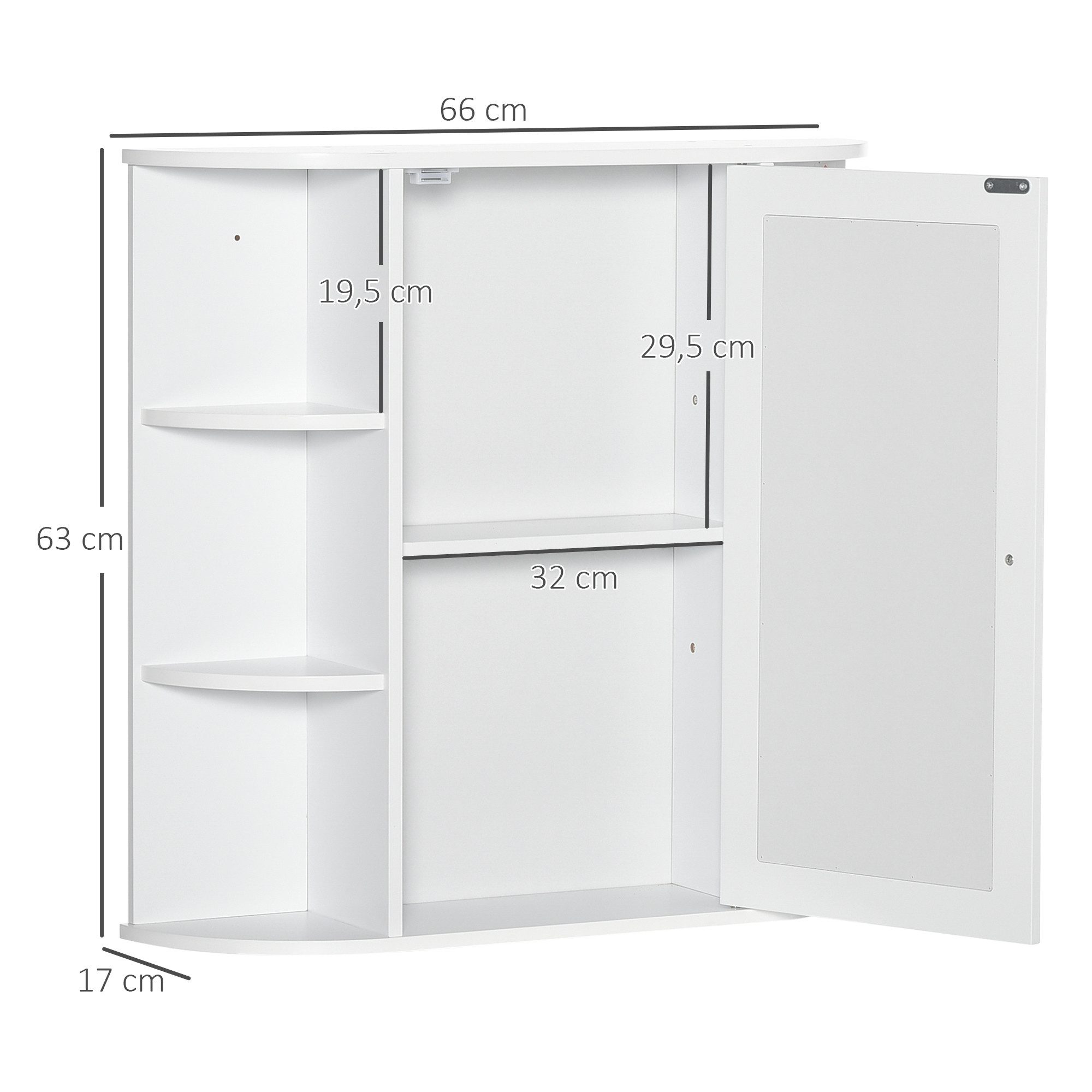 HOMCOM Spiegelschrank Bad Wandschrank mit Spiegeltür, mit offenen Regalböden (Badeschrank, 1-St., Hängeschrank) für Badezimmer Weiß 66 x 17 x 63 cm – Bild 3 von 5