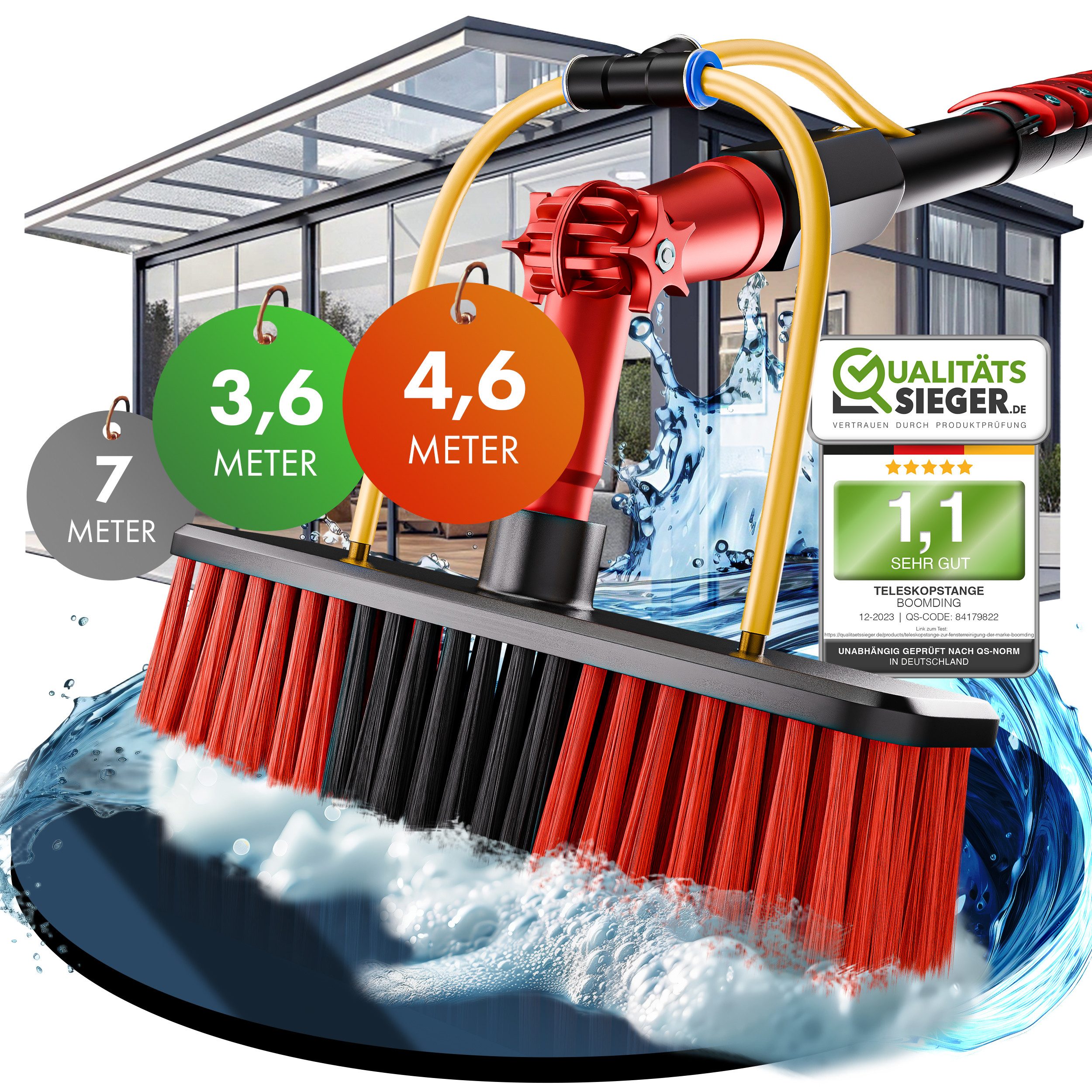 BoomDing Reinigungsbürste Teleskopstange mit Wasseranschluss 3,6, 4,6 oder 7 Meter mit Bürste, Reinigung von, PV Anlage, Wintergarten, Terrasse, Solaranlage, Photovoltaik, (Solaranlage reinigen), Innenliegender Schlauch