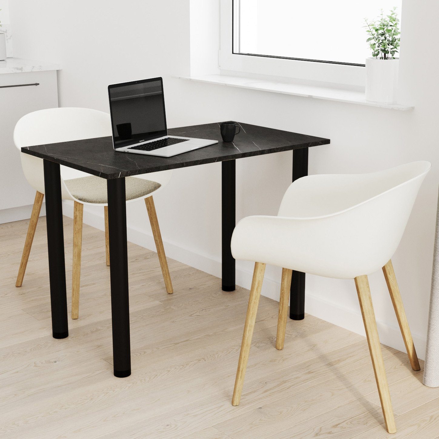 AKKE Esstisch, Esszimmertisch mit schwarzen Beinen Küchentisch Bürotisch 2mm PVC Stein Black Fosil | Esstische
