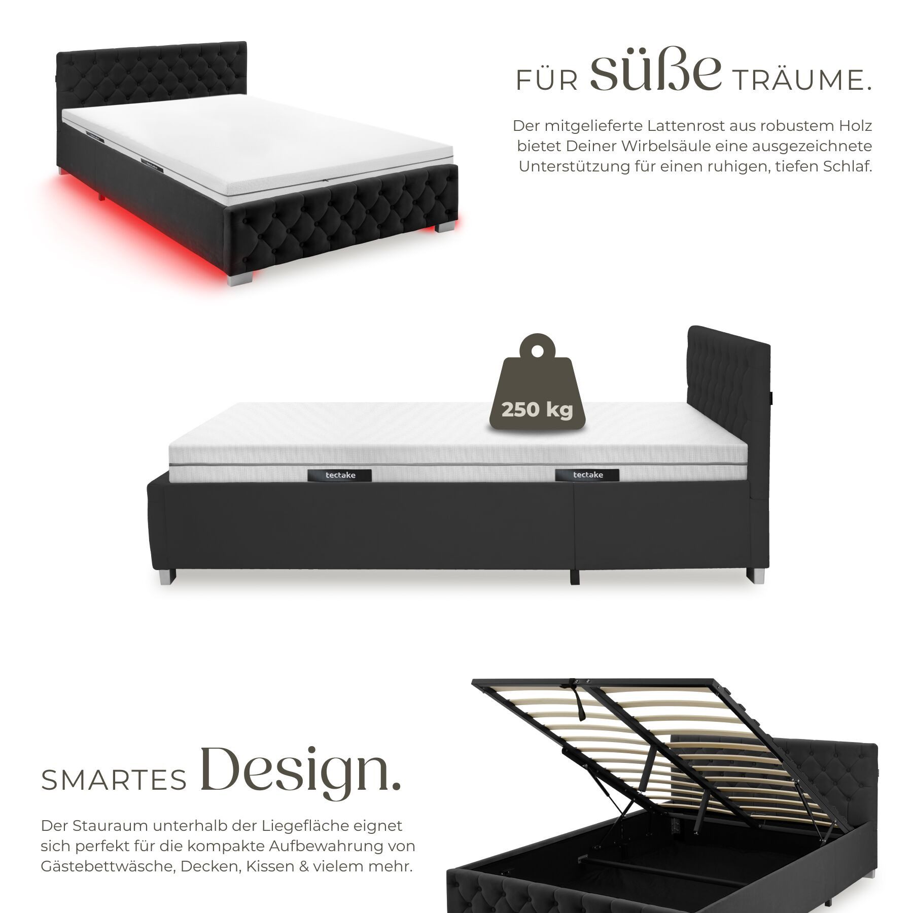 tectake Polsterbett Komfortbett mit LED-Leisten & Stauraum - Samtoptik mit Steppmuster (Bettset mit Matratze, in Samtoptik Schwarz), Matratze mit Komfortschaumk – Bild 5 von 5