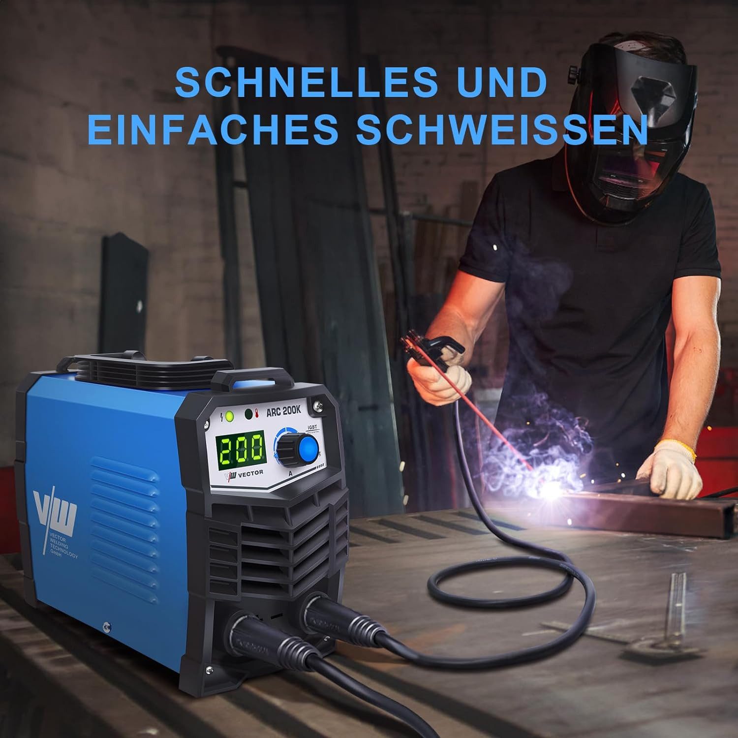 VECTOR WELDING Elektroschweißgerät Set MMA 200A IGBT ARC200K inkl. Elektroden/Hammer/Bürste