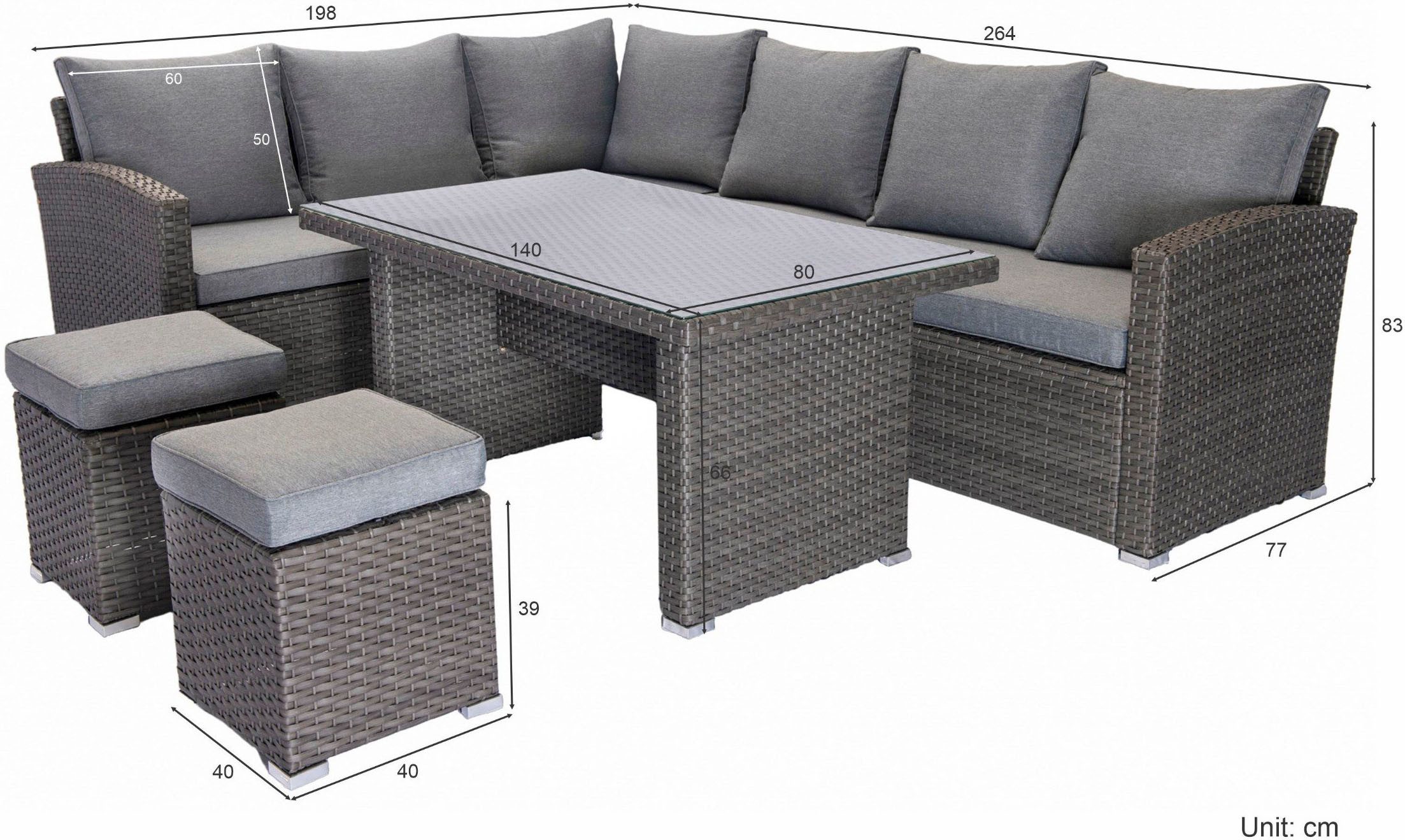 KONIFERA Gartenlounge-Set London, (Set, 17-tlg., 2x3er Sofa, 2x Hocker, 1x Tisch 140x80x66cm, inkl. Auflagen), inkl. Schutzhülle, Aluminium, Polyrattan