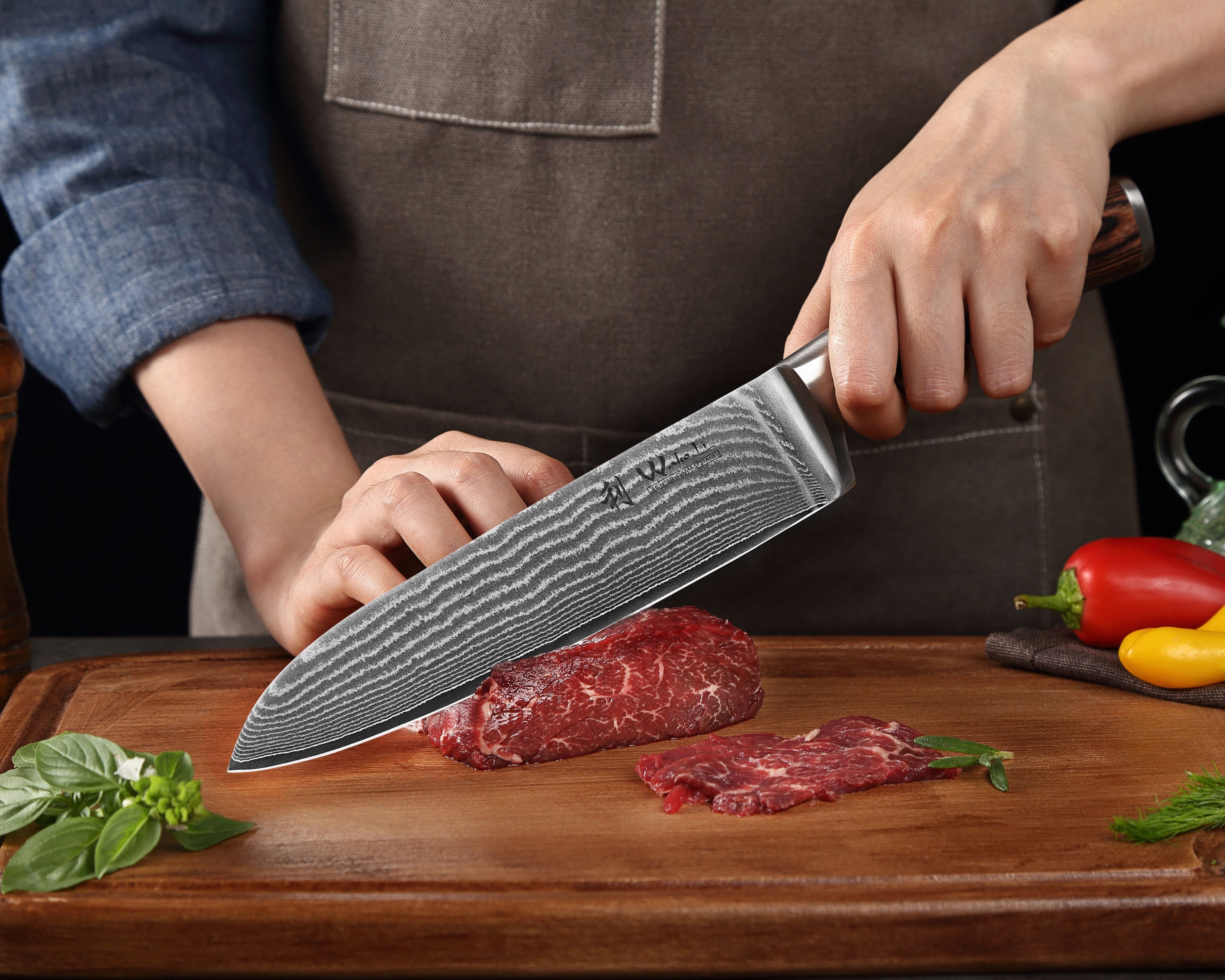 Wakoli Messer-Set Edib 3er Damastmesser-Set I Kochmesser Küchenmesser I 8 -17cm Klingen (Küchenmesser Set in Holzbox, 3-tlg., 1x Santoku; 1x Santoku klein; 1x Spickmesser), VG10 Kern, langanhaltende Schärfe