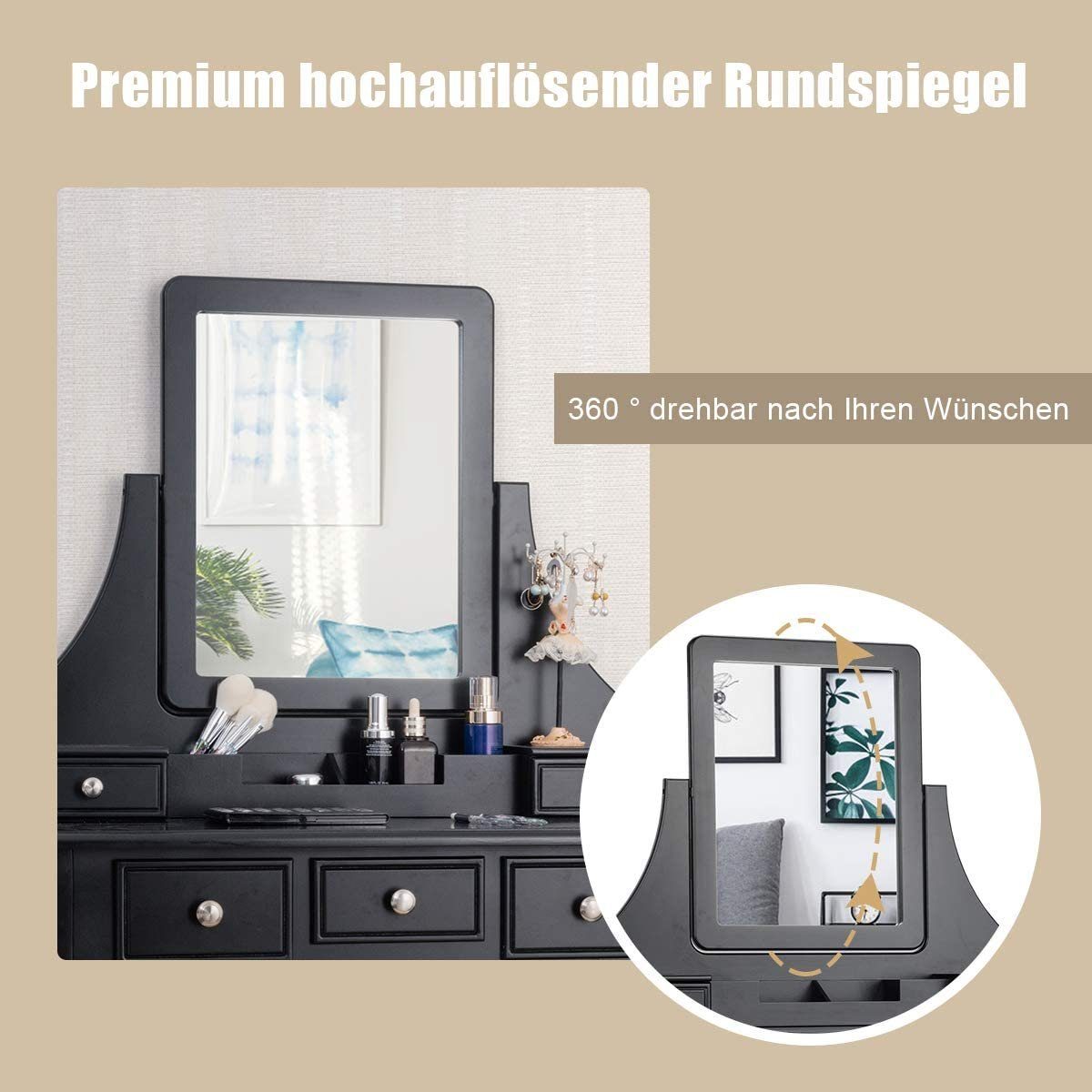 abnehmbarer Schwarz 5 Spiegel Schminktisch COSTWAY mit Aufbewahrungsbox, Schubladen, Hocker, drehbarem