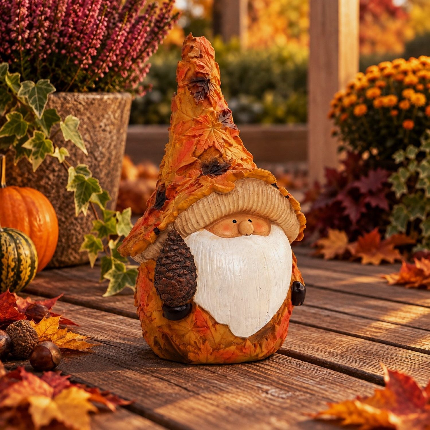 Online-Fuchs Gartenfigur für draußen - Zwerg, Wichtel, Gnom, bis 34 cm groß - Herbstdekoration, (Gartendeko, sorgen für eine warme Herbstatmosphäre), aus hochwertigem Kunstharz (Polyresin) gefertigt - wetterfest