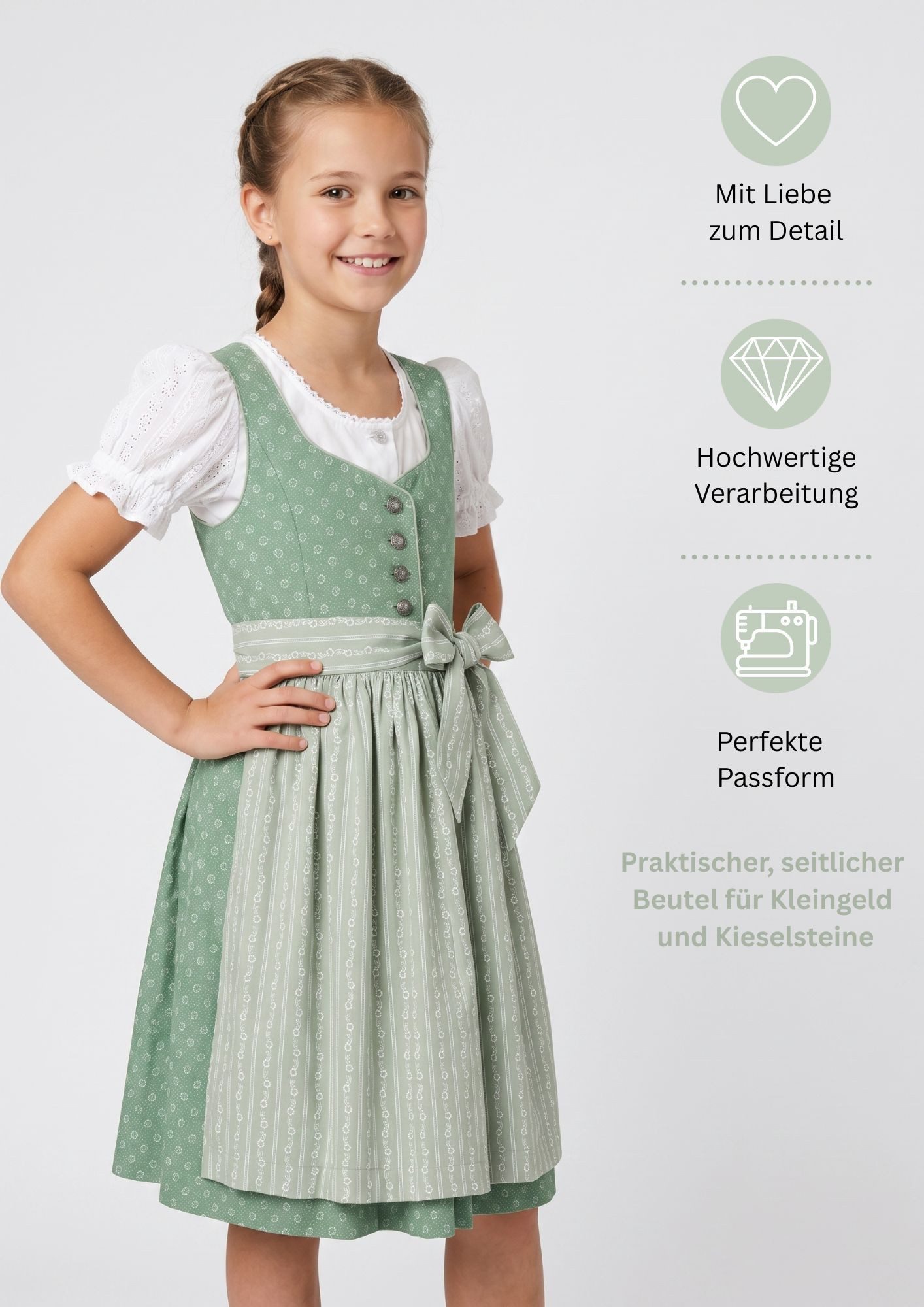 Nübler Dirndl Kinderdirndl Flores in Almgrün von Nübler - Rocklänge knielang