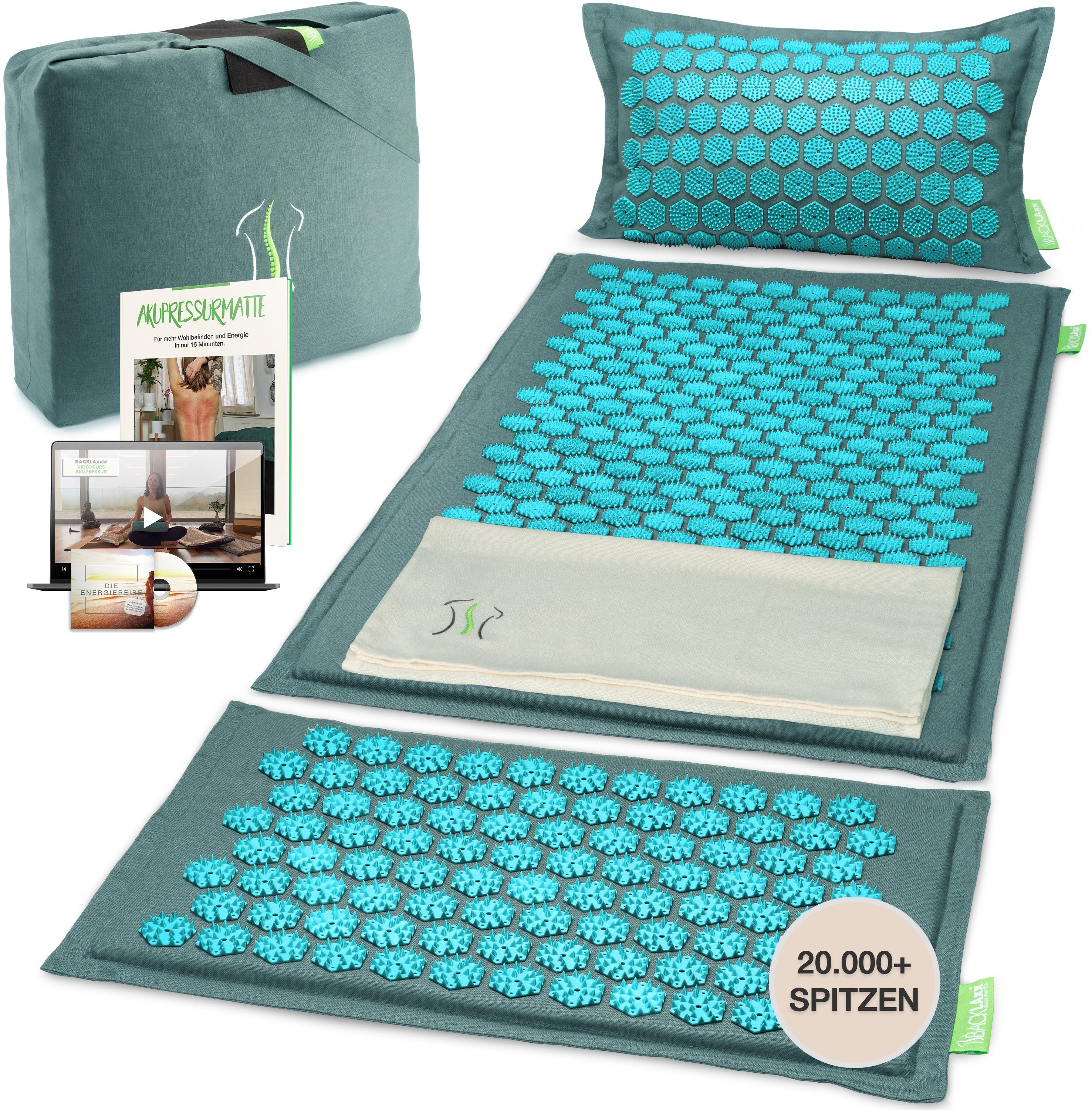 BACKLAxx® Akupressurmatte Set "Magnum" mit Kissen, Tuch & Tasche - XL- Akupressurmatte (Akupressurmatten Set, 5teilig + gratis-Download), 20.844 Spitzen für Anfänger und Schmerzempfindliche