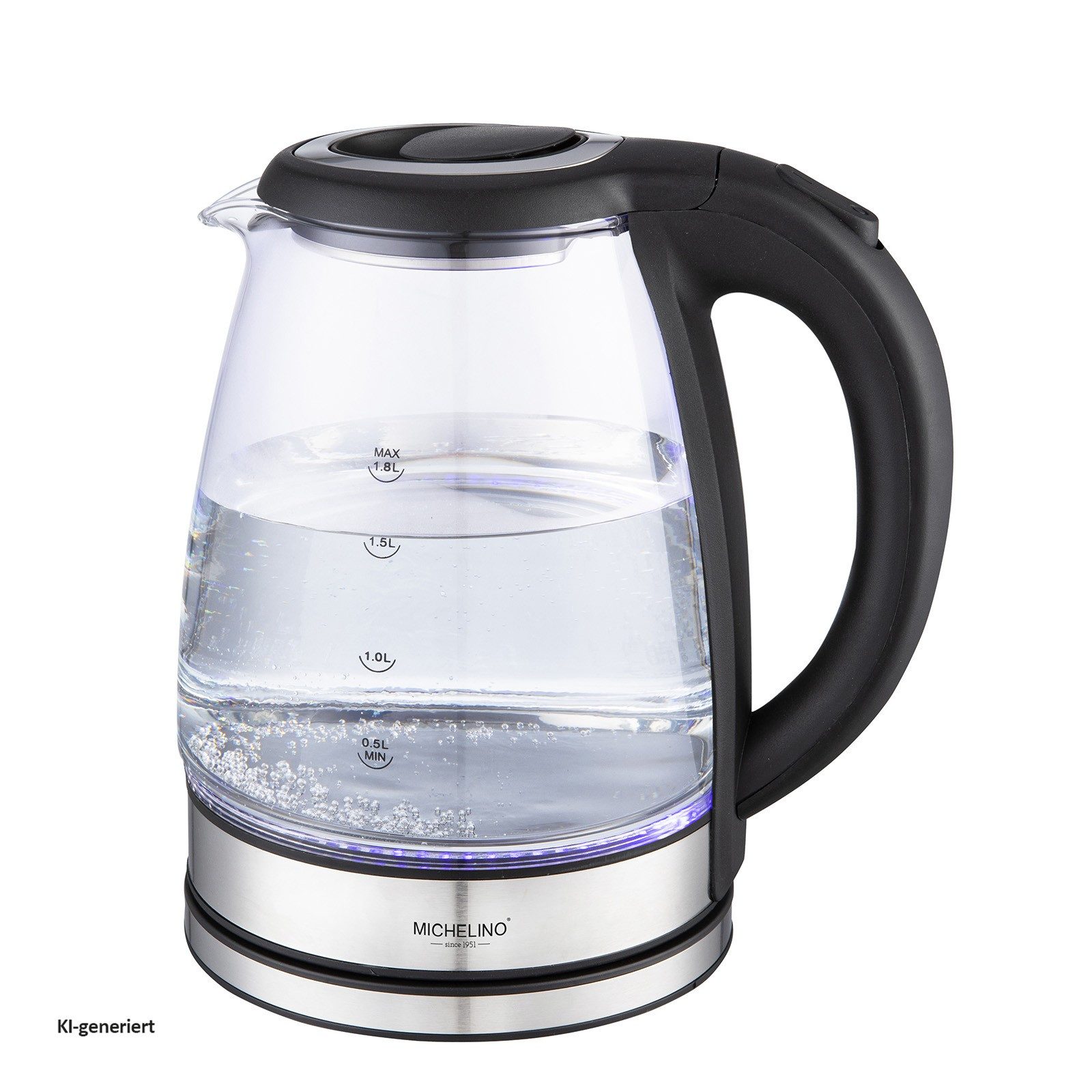Michelino Wasserkocher Wasserkocher Glas EDS Silber 1,8 Liter 1800 Watt, 1800 W, mit blauer LED