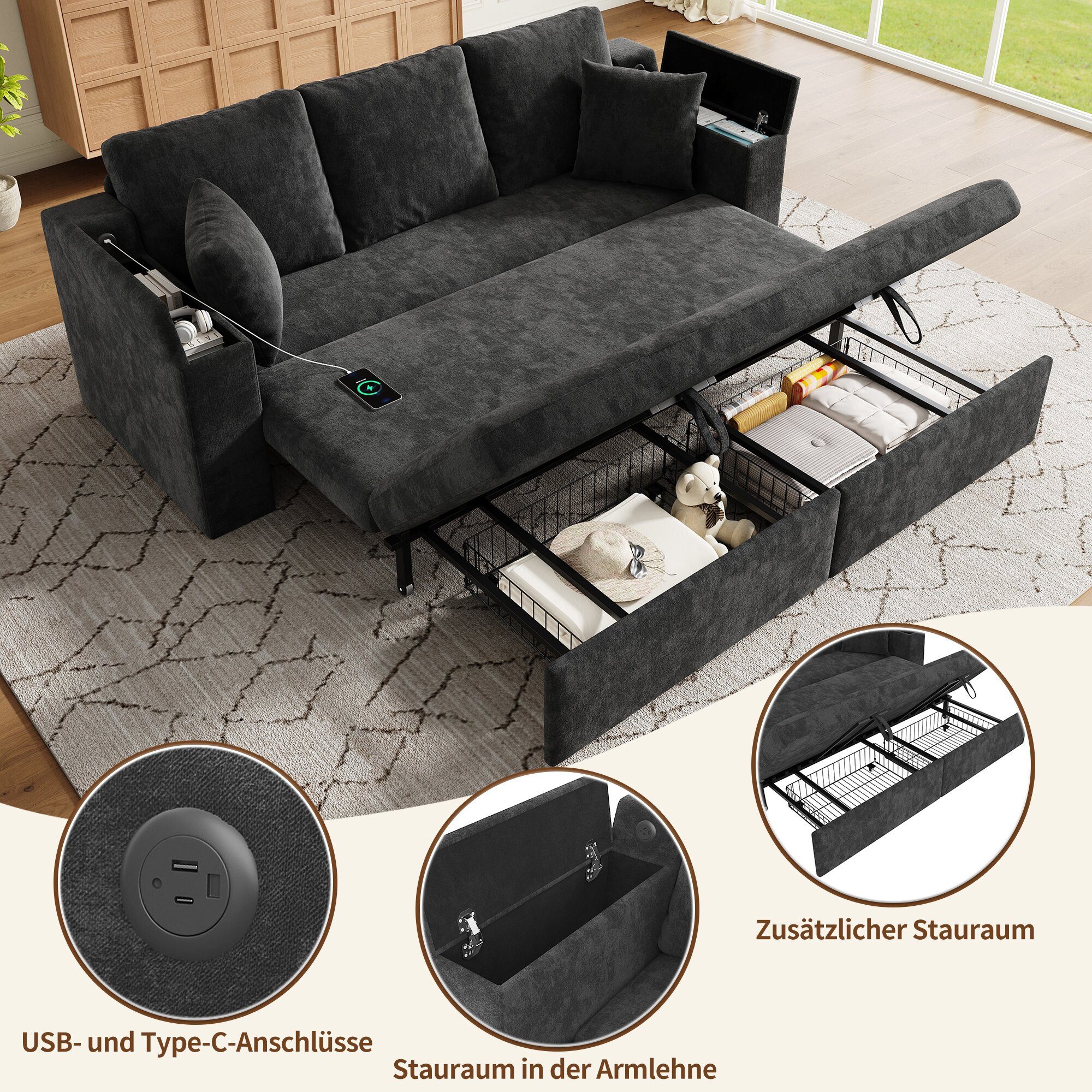 i@home 3-Sitzer mit Schlaffunktion, mit ausziehbarem Metallrahmen, Armlehnen‑Ablage und USB‑Ladeanschluss