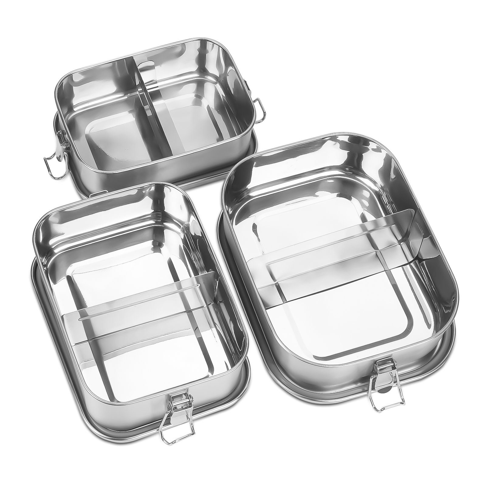 Clanmacy Lunchbox Lunchbox Silber Brotdose 800-1400ml Edelstahl, Metall (abnehmbar) Thermobehälter Fächern frei 800+1200+1400ml BPA Brotdose