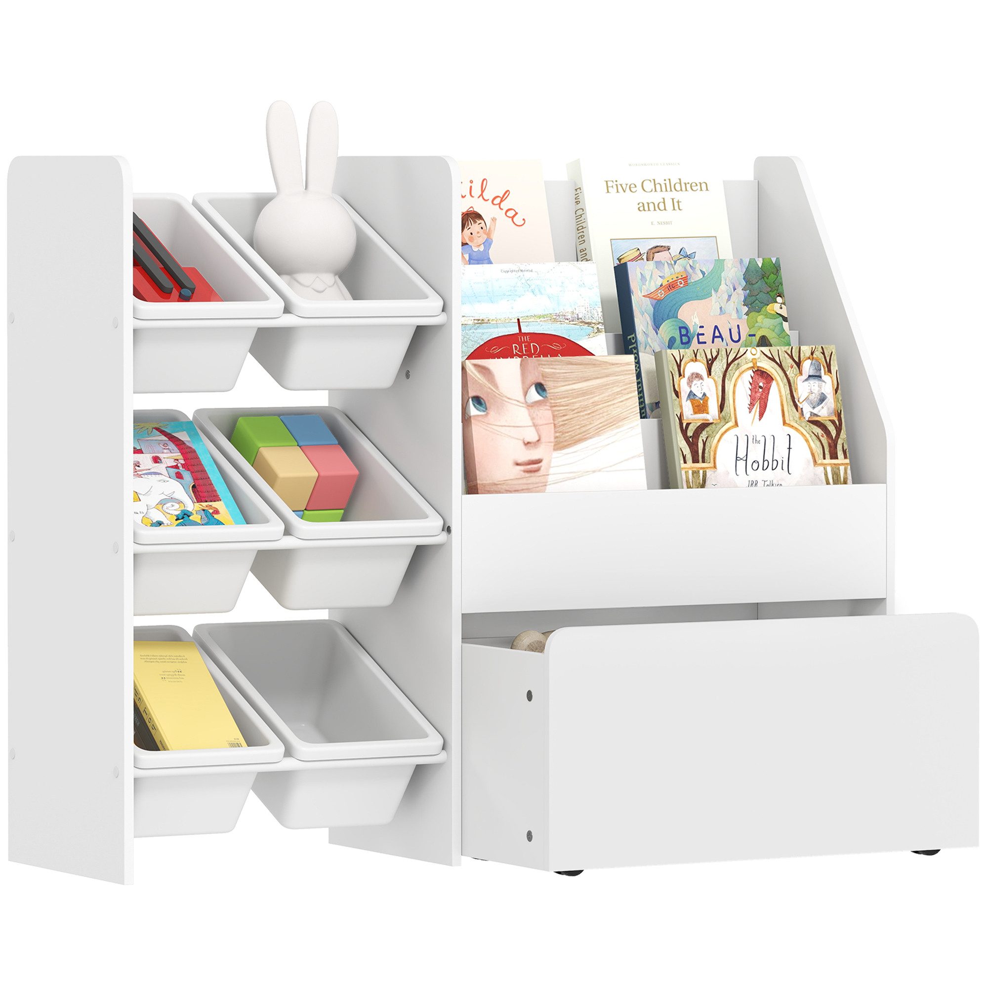 AIYAPLAY Spielzeugtruhe mit 6 herausnehmbaren Aufbewahrungsboxen, Bücherablage, rollbarer Box (Kinderregal, 1 St., Kinder-Bücherregal), mit Rädern, für Kinderzimmer, Spielzimmer, 100x30x80 cm, Weiß