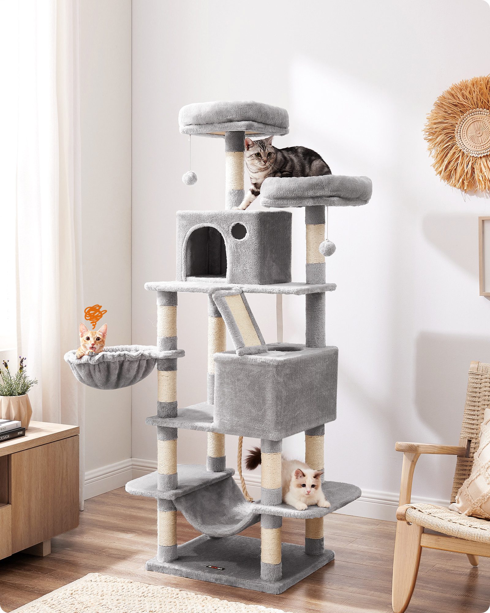 FEANDREA Kratzbaum, Katzenbaum, 168/206 cm(H), mehrstöckig für große Katzen, Kippschutz