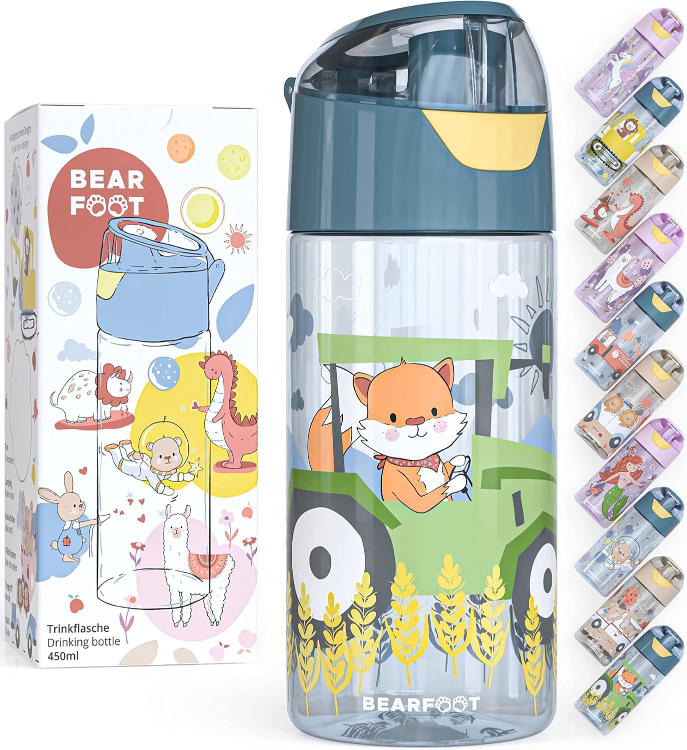 BEARFOOT Trinkflasche Kinder-Trinkflasche 450 ml, Traktor & Fuchs, Auslaufsicher, BPA-frei, 1-Klick-System, spülmaschinengeeignet