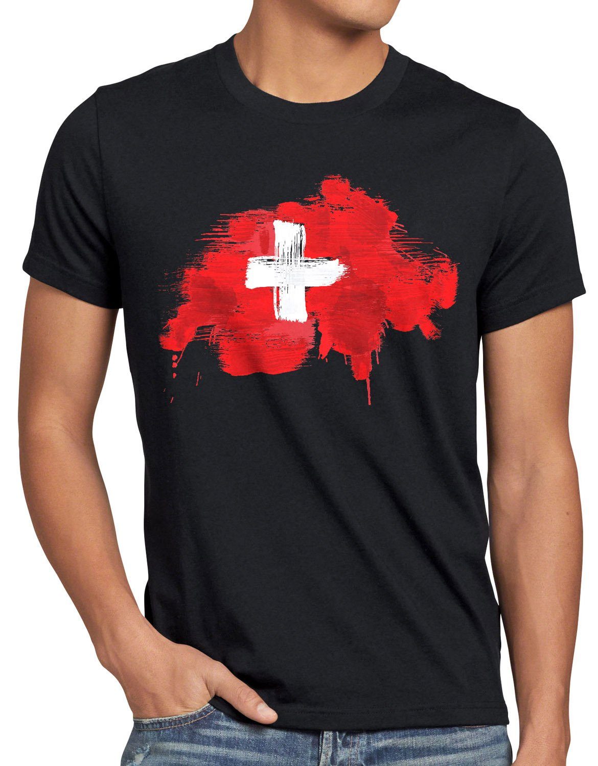 style3 Print-Shirt Herren T-Shirt Flagge Schweiz Fußball Sport Suisse WM EM Fahne schwarz