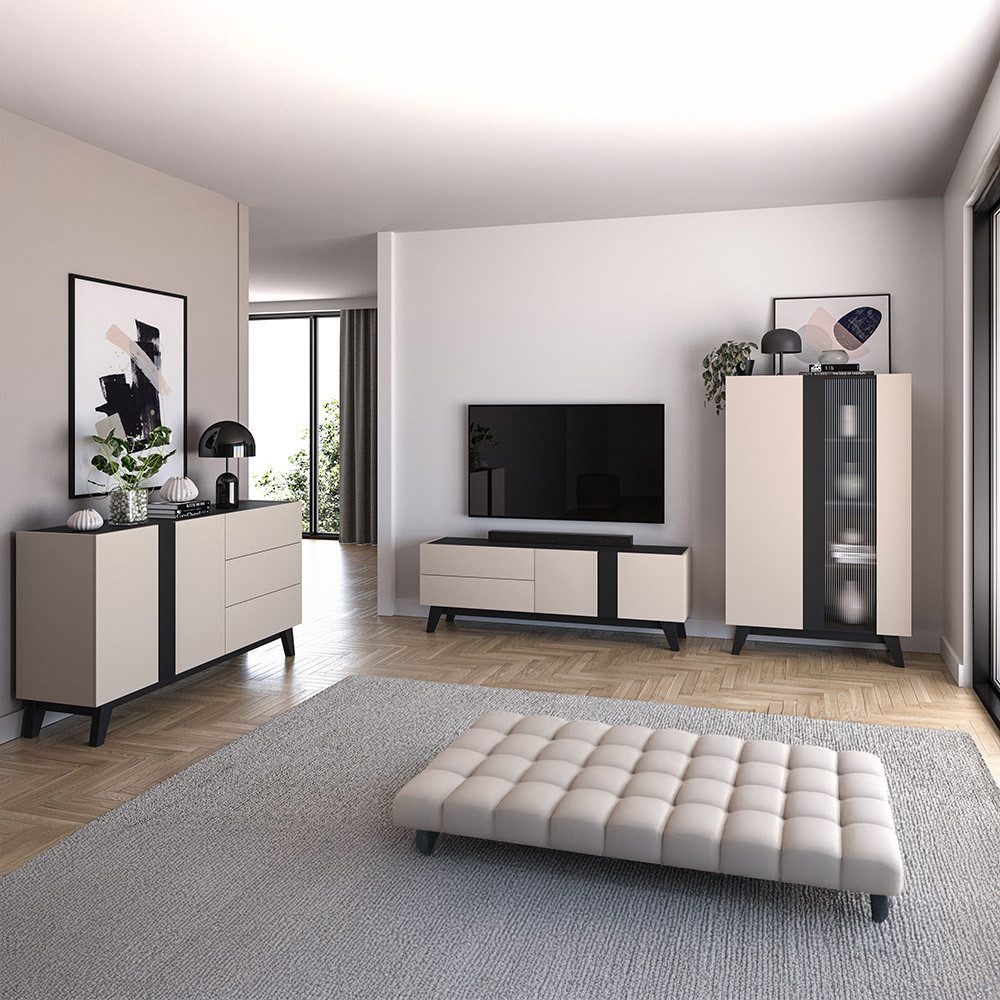 Lomadox Wohnzimmer-Set FRIONA-131, (Mega-Spar-Set, 3-St., Highboard Lowboard Sideboard), kaschmir schwarz modern Möbelfüße Softclose Glastür
