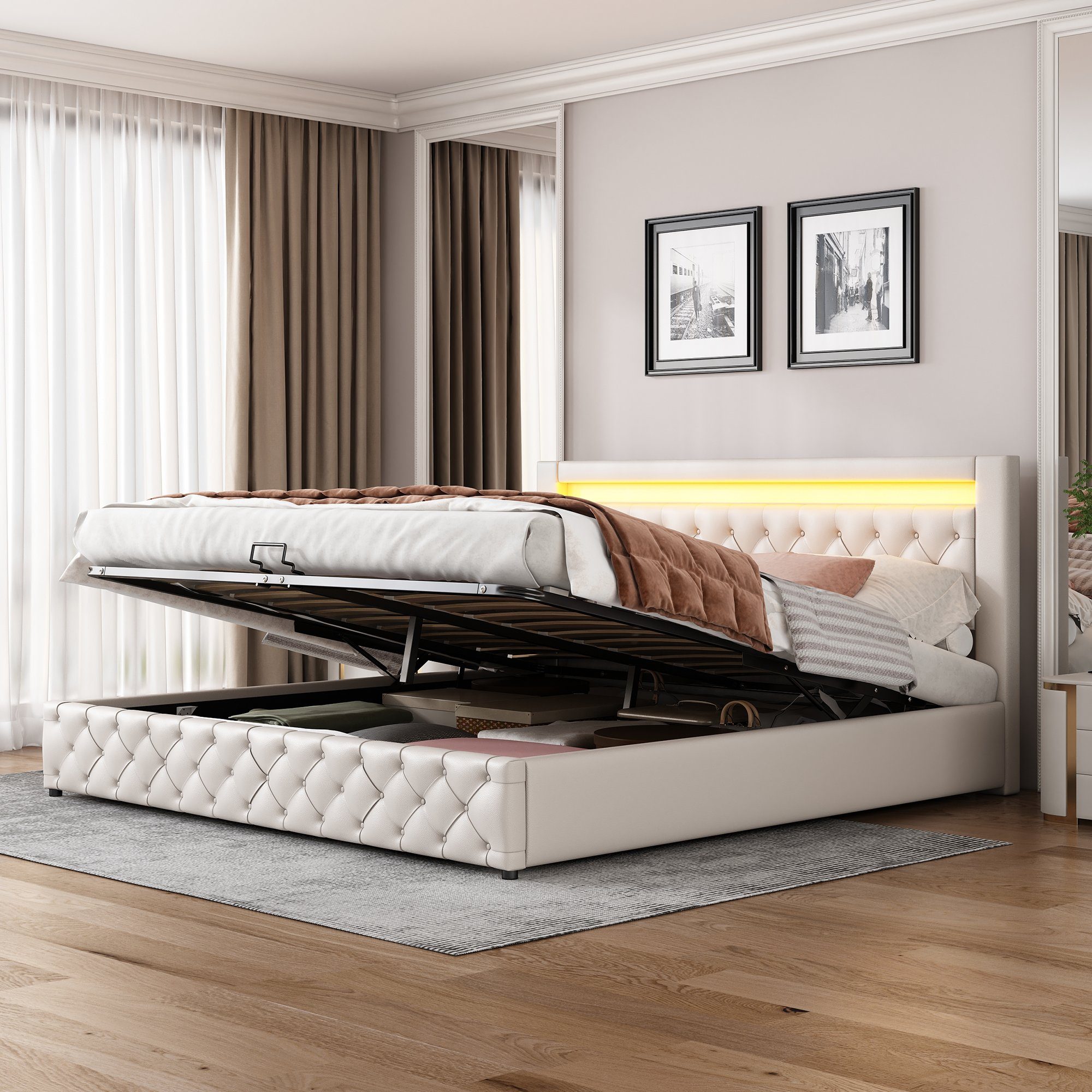 SOFTWEARY Polsterbett Doppelbett mit Lattenrost und Bettkasten (180x200  cm), gepolsterter Kopfteil mit LED-Beleuchtung, Bezug aus Kunstleder