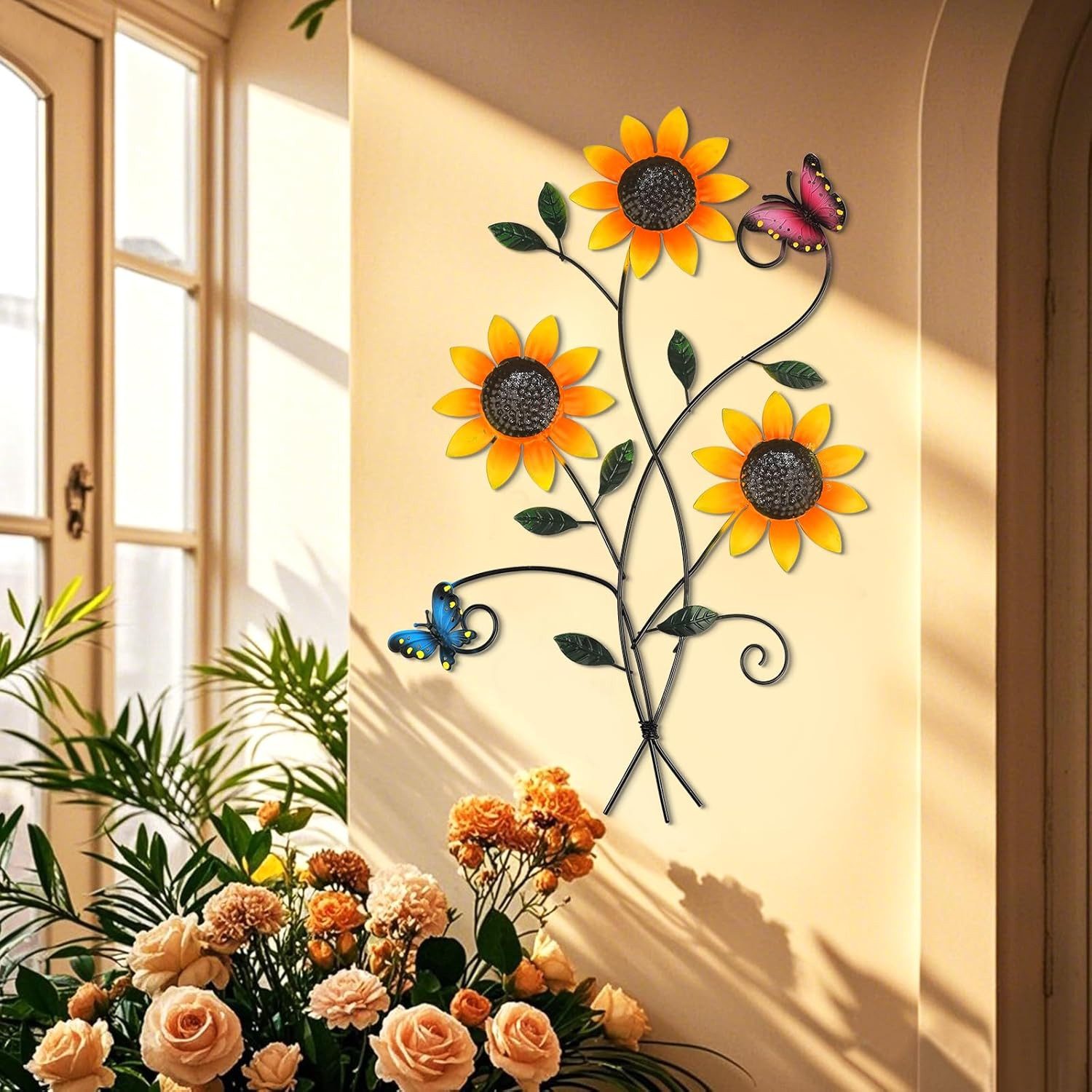 Agger Wanddekoobjekt Metall Blumen Wanddeko Wanddeko aus Metall mit Schmetterlingen (Floral Minimalist Line Art), für Wohnzimmer, Schlafzimmer,Outdoor, Garten F – Bild 3 von 5