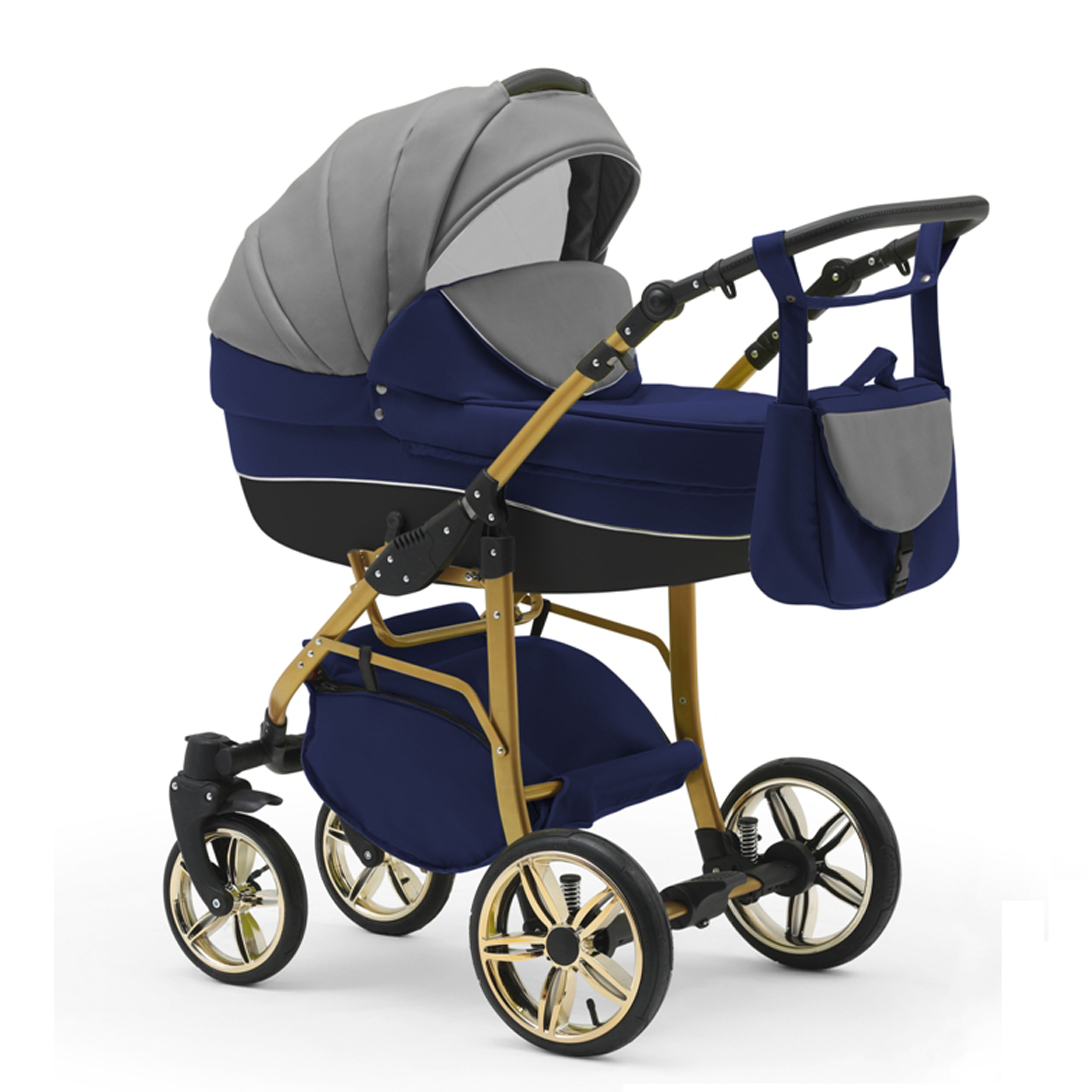 babies-on-wheels Kombi-Kinderwagen 2 in 1 Kinderwagen-Set Cosmo Gold - 13 Teile - in 46 Farben Grau-Navy-Schwarz