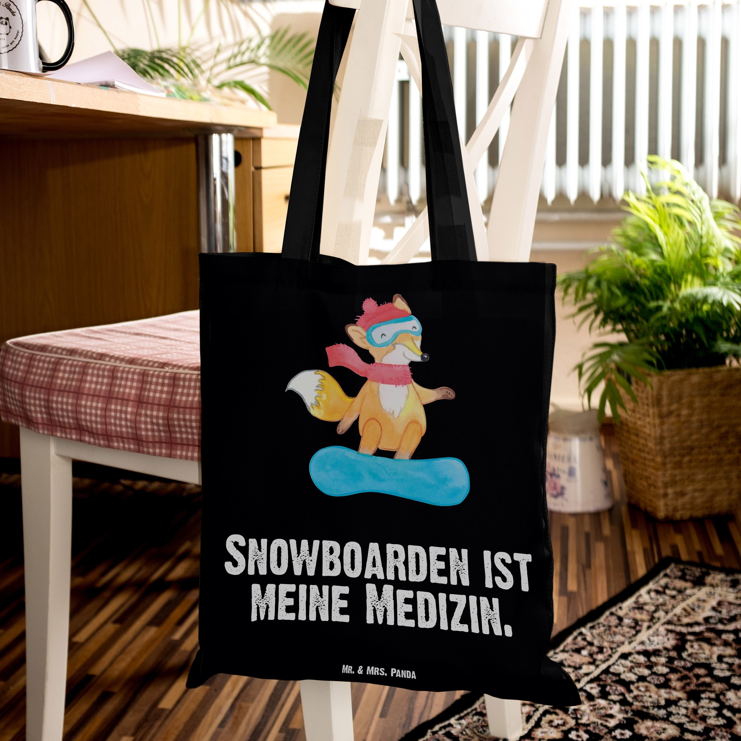 Mr. & Mrs. Jutebeutel, Snowboarden Panda - Geschenk, Schwarz (1-tlg) - Winterspo Fuchs Medizin Tragetasche
