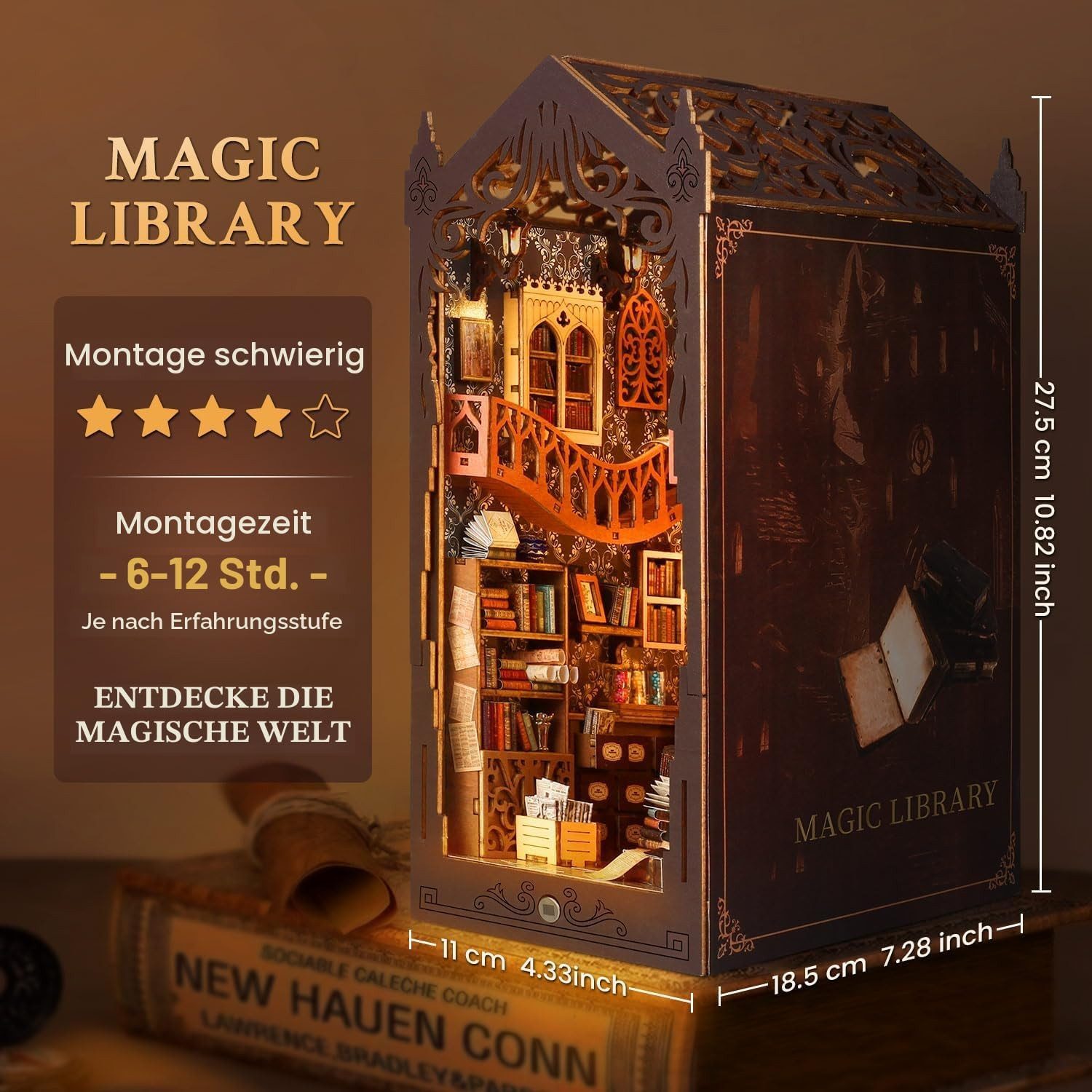 FANNOU Buchstütze Book Nook Kit for Adults, Magische Zauberbibliothek mit LED Licht (1 St), DIY Miniature House,3D Wooden Puzzle,Bastelgeschenk für ab 14 Jahren – Bild 3 von 5