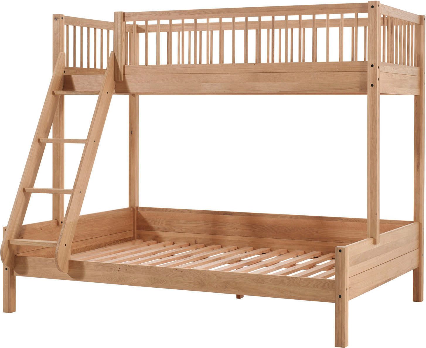 Vipack Etagenbett Forrest Massivholzbett Made in Europe, stabil und hochwertig gebaut (Liegefläche 90/140x200 cm, mit Leiter, Rolllattenrost), mit Absturzschutz oben in Sprossenoptik, Eiche natur geölt