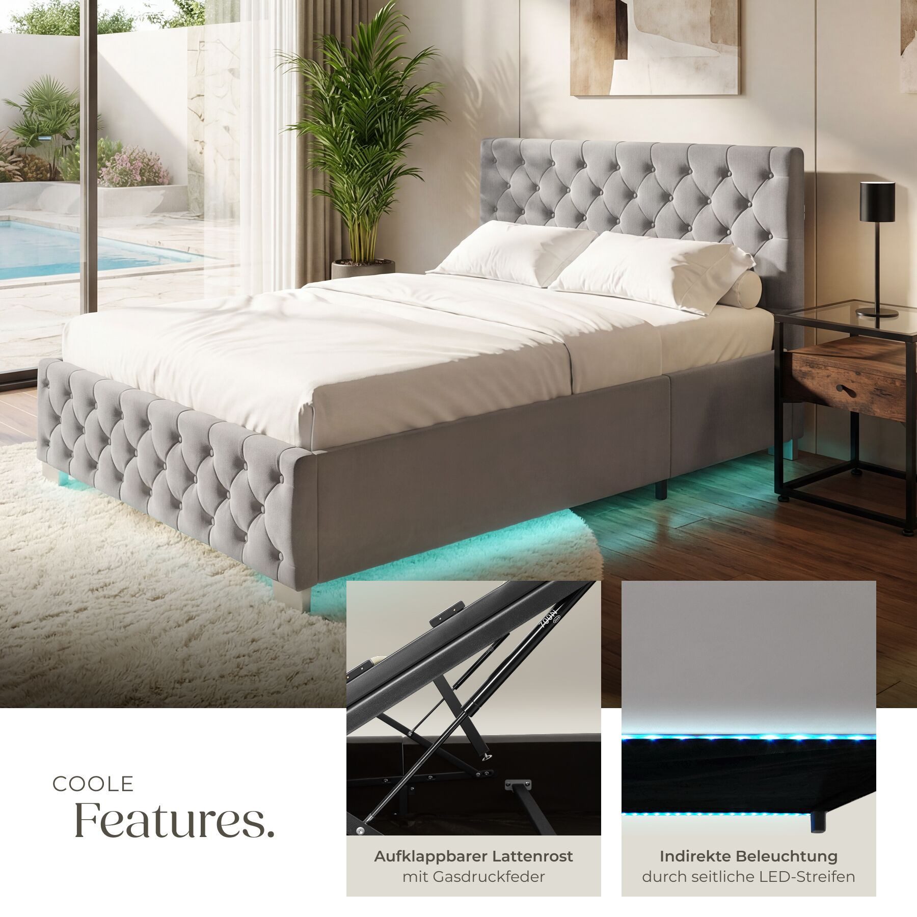 tectake Polsterbett Komfortbett mit LED-Leisten & Stauraum - Samtoptik mit Steppmuster (Bettset, in Dunkelgrau), stabiler Stahlrahmen, Belastbarkeit 200 kg