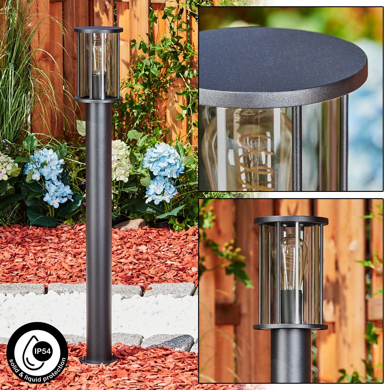 hofstein Pollerleuchte moderne Sockelleuchte aus Metall/Glas in Schwarz/Rauchfarben, ohne Leuchtmittel, Wegeleuchte 100 cm, Gartenlampe, Gartenbeleuchtung IP54, 1 x E27