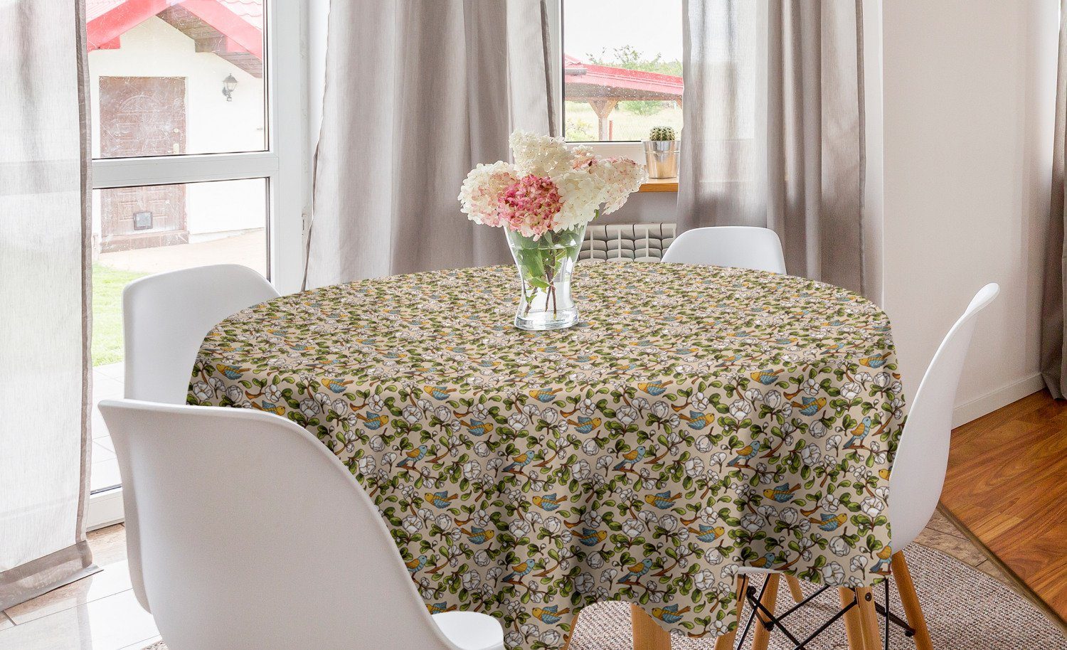 Abakuhaus Tischdecke Kreis Tischdecke Abdeckung für Esszimmer Küche Dekoration, Blumen Apple-Blüten und Vögel