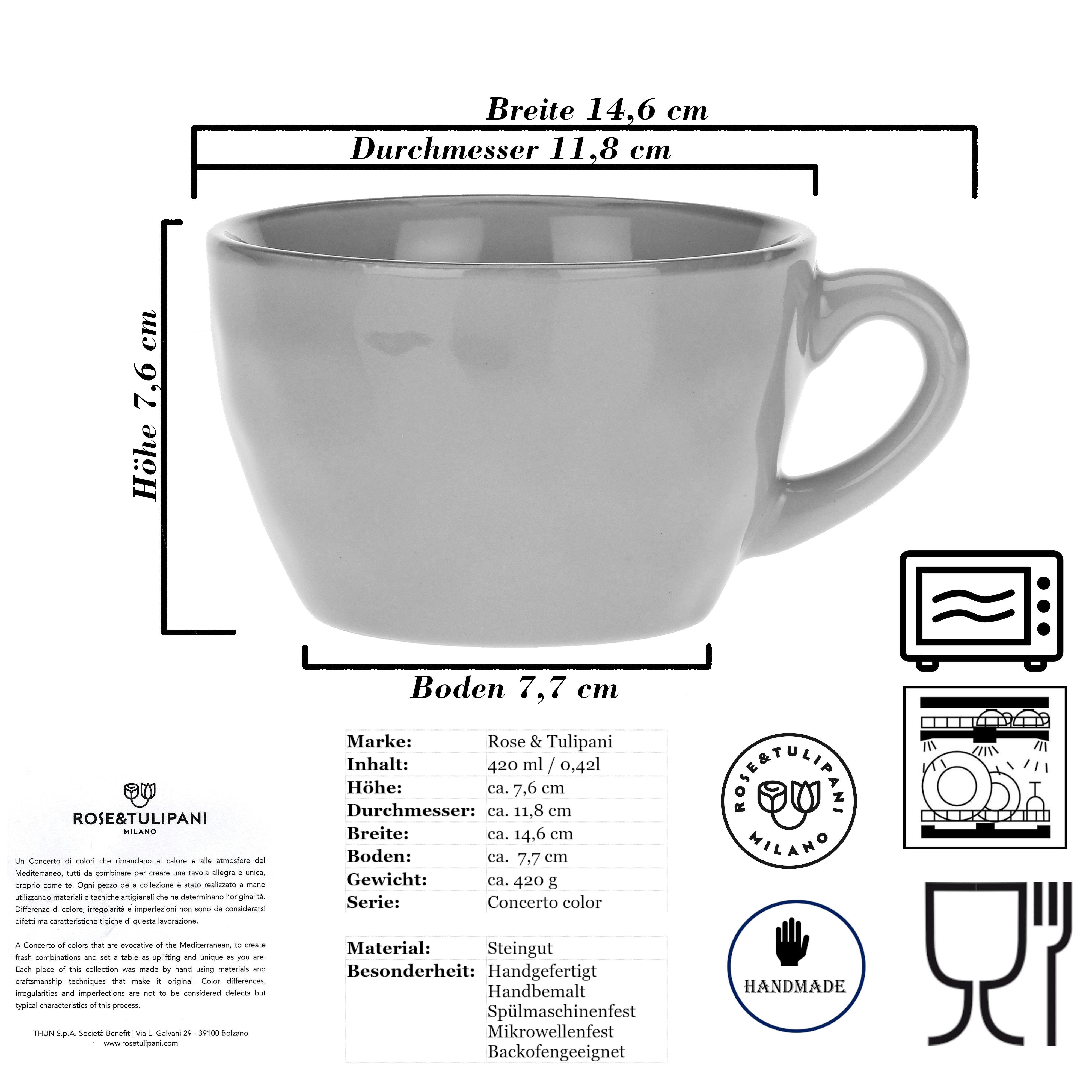 Rose & Tulpani Tasse Große Frühstückstasse Becher Teetasse 420 ml, Steingut, Handgefertigt, Mikrowellenfest, Backofengeeignet