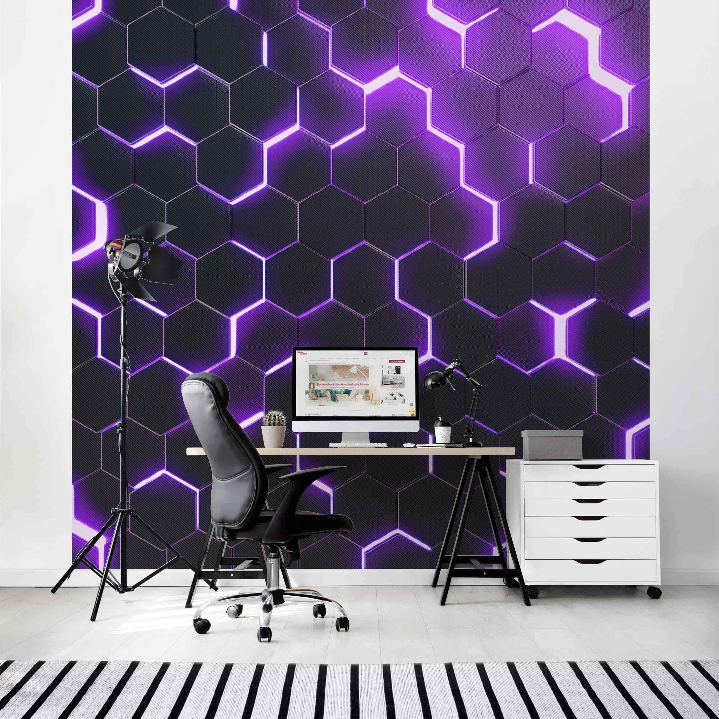 Bilderdepot24 Mustertapete Hexagone Neonlicht Lila 3D-Optik Muster Neon Art Gaming schwarz modern, Glatt, Matt, (Vliestapete inkl. Kleister oder selbstklebend), Jugendzimmer Gaming Zimmer Tapete Wohnzimmer Vliestapete Wandtapete