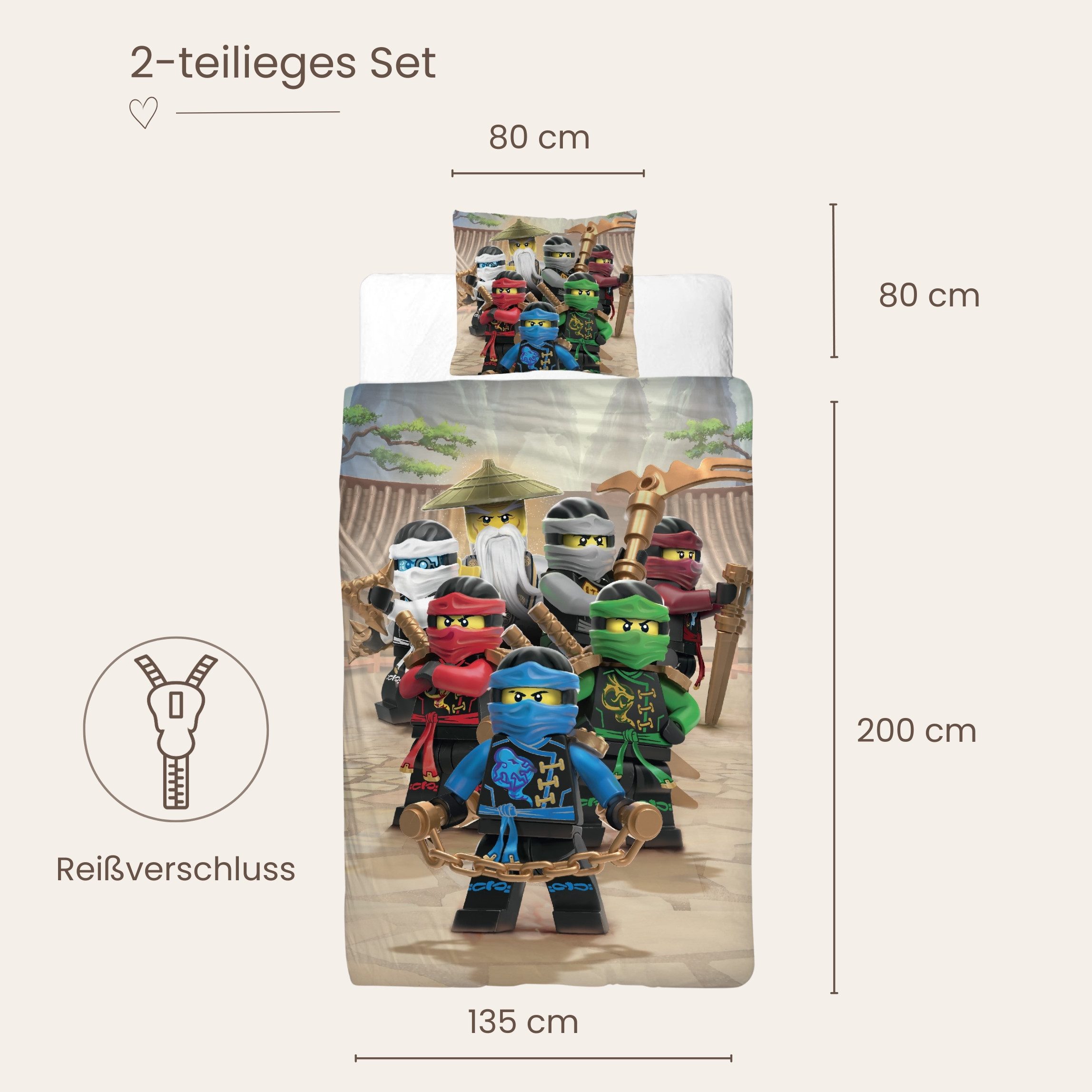 MTOnlinehandel Bettwäsche Lego Ninjago 135x200 + 80x80 cm, 100 % Baumwolle, Renforcé, 2 teilig, Wende-Motiv mit Lloyd, Kai & dem NINJAGO Team – Bild 5 von 5