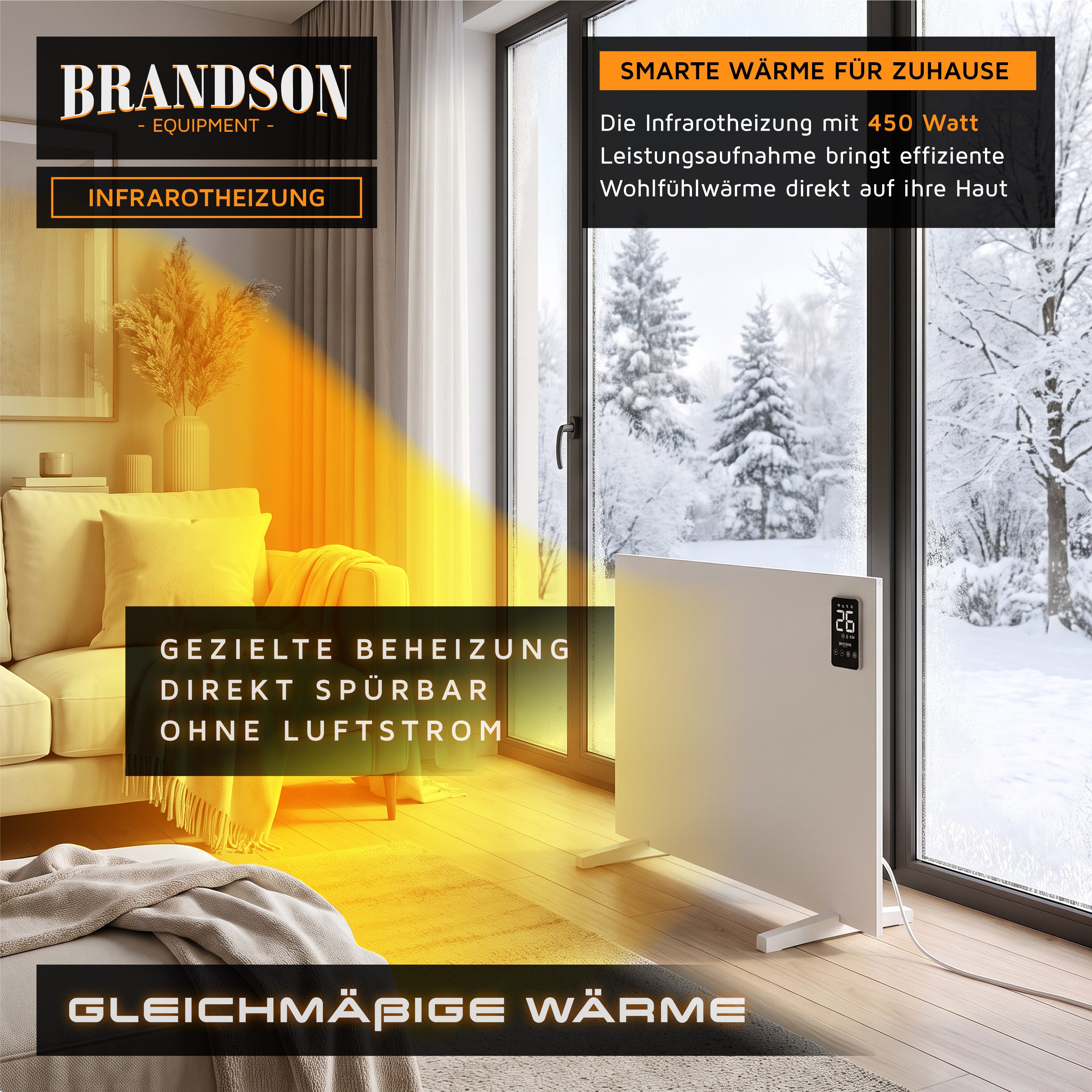 Brandson Infrarotheizung Infrarotheizung 450 W mit App, Fernbedienung & Trockengestell, Tuya & Alexa, Timer 1–24 h, ECO, Wand- oder Standmontage