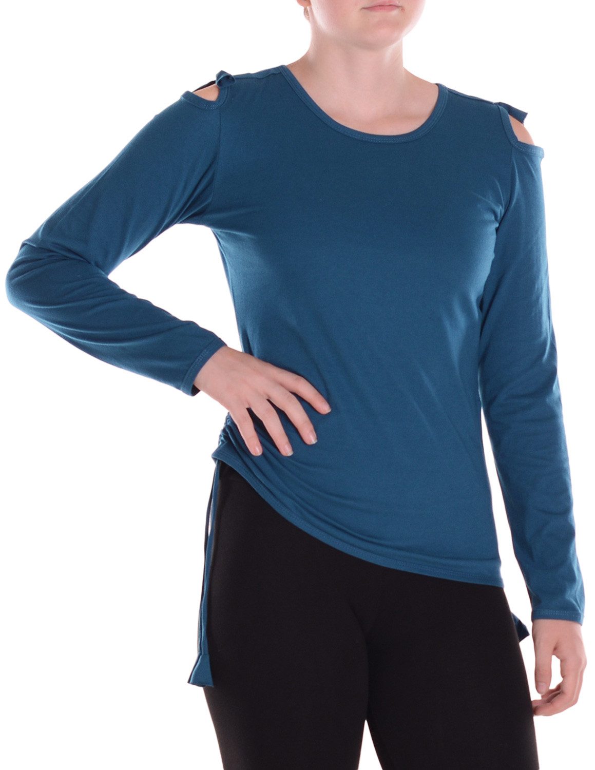 Langarmshirt Damen Shirt Offene Schulter Raffung Jersey Baumwolle