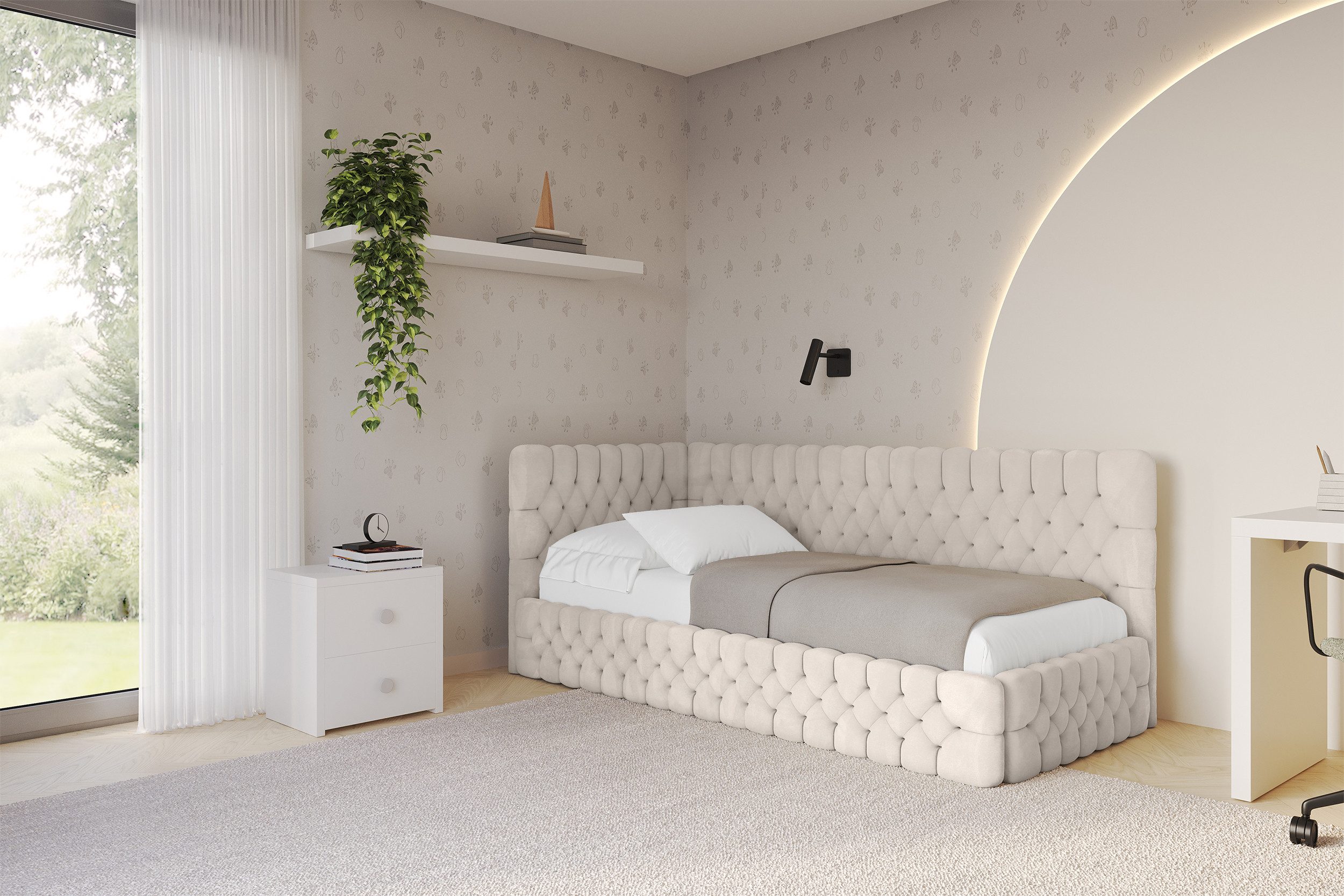 ALTDECOR Jugendbett MULY (Jugendbett mit Bettkasten und Lattenrost, Polsterbett ohne Matratze), Einzelbett mit Stauraum, Bett mit Kopfteil