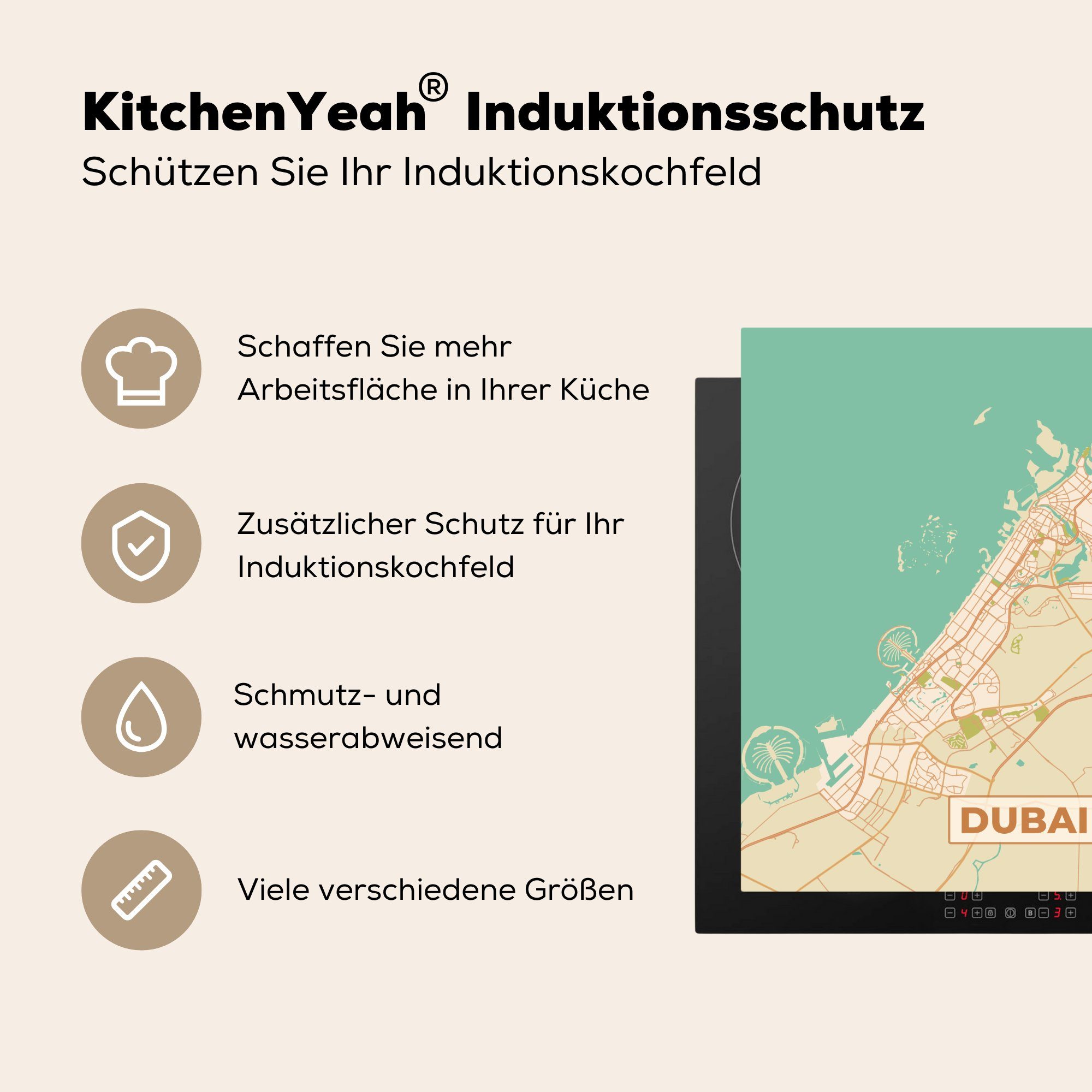 küche - Karte tlg), Dubai Arbeitsplatte Vintage, cm, Stadtplan - (1 Herdblende-/Abdeckplatte Ceranfeldabdeckung, - 78x78 Vinyl, für MuchoWow