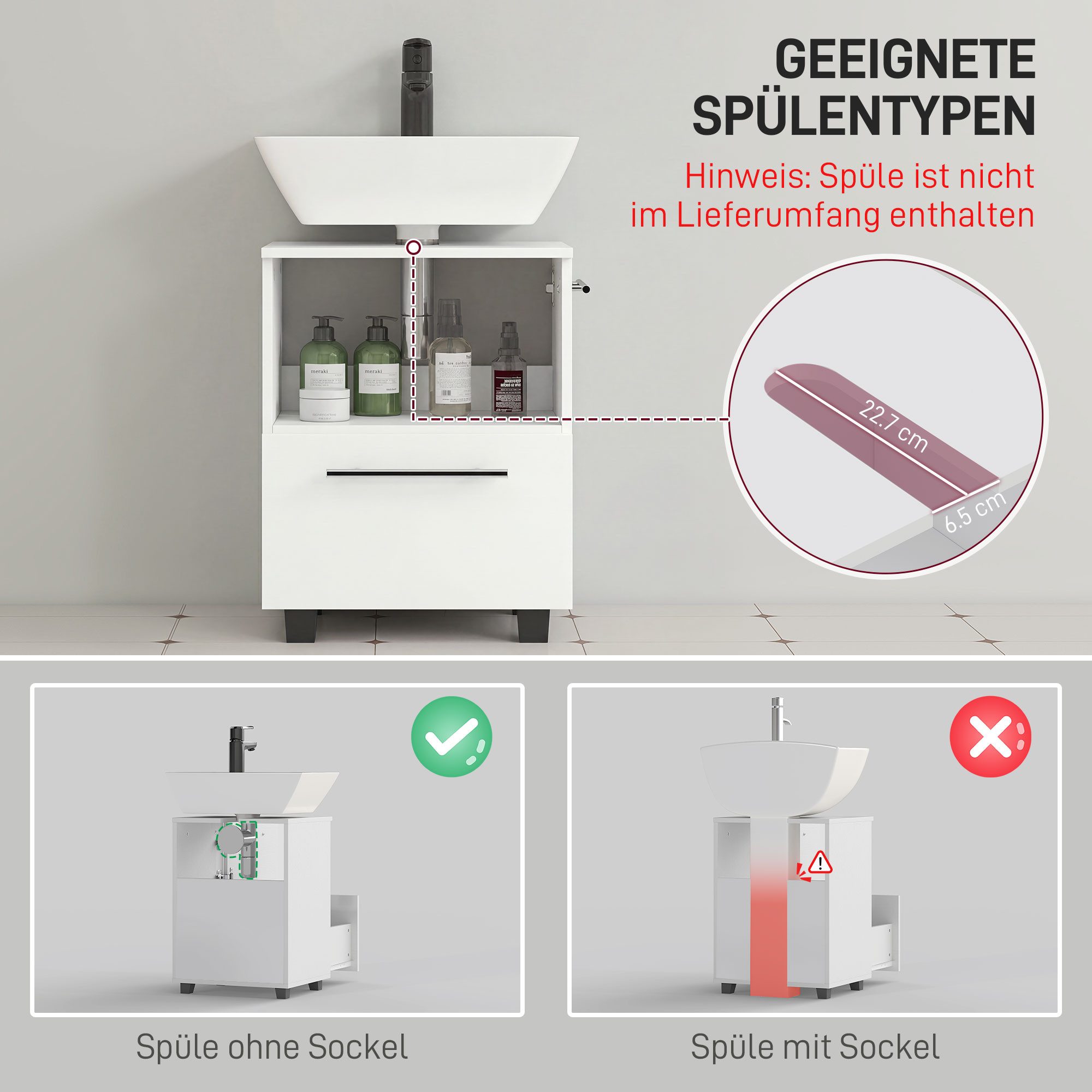 HOMCOM Waschbeckenunterschrank Unterschrank mit Schrankfach Schublade Badschrank für Badezimmer (mit Schublade und Einzeltür, 1-St., für wandmontiertes Waschbec – Bild 4 von 5