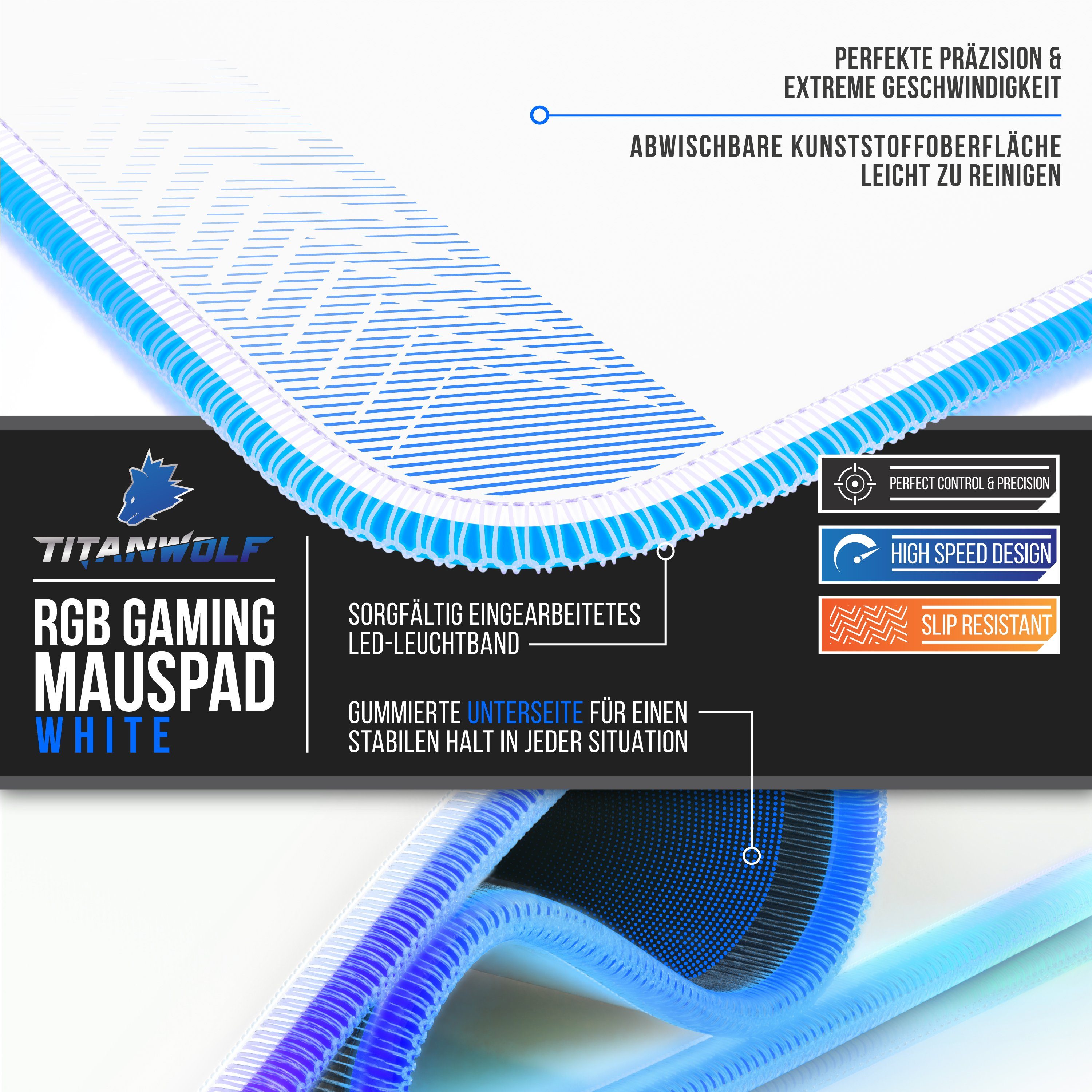 Titanwolf Gaming Mauspad RGB Mousepad 800 x 300 x 3 mm, LED Multi Color XL Tischunterlage, rutschfest, abwaschbar, Geschwindigkeit & Präzision, weiß