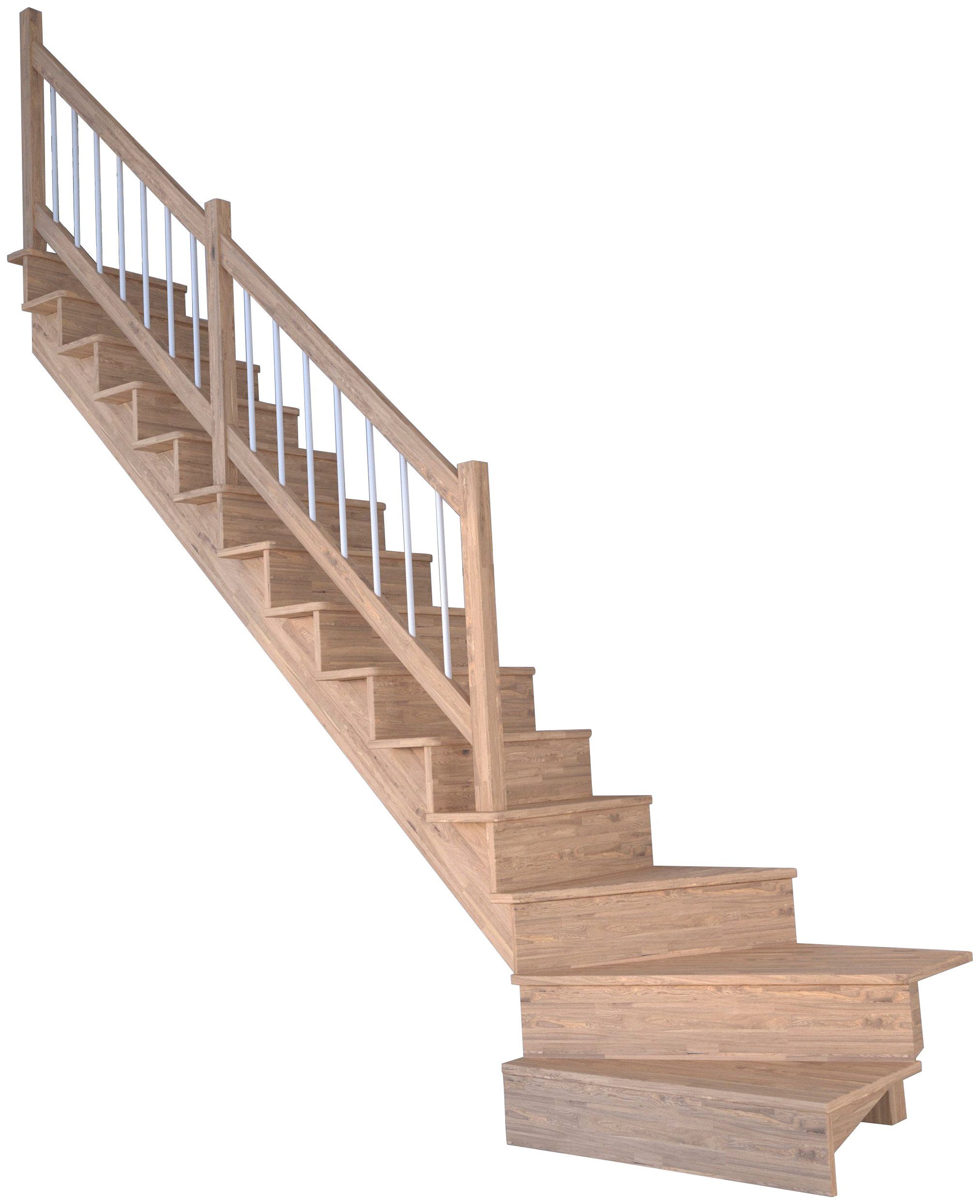 Starwood Systemtreppe Massivholz Lindos, Holz-Edelstahl Weiß, für Geschosshöhen bis 300 cm, Stufen geschlossen, gewendelt Links, Durchgehende Wangenteile